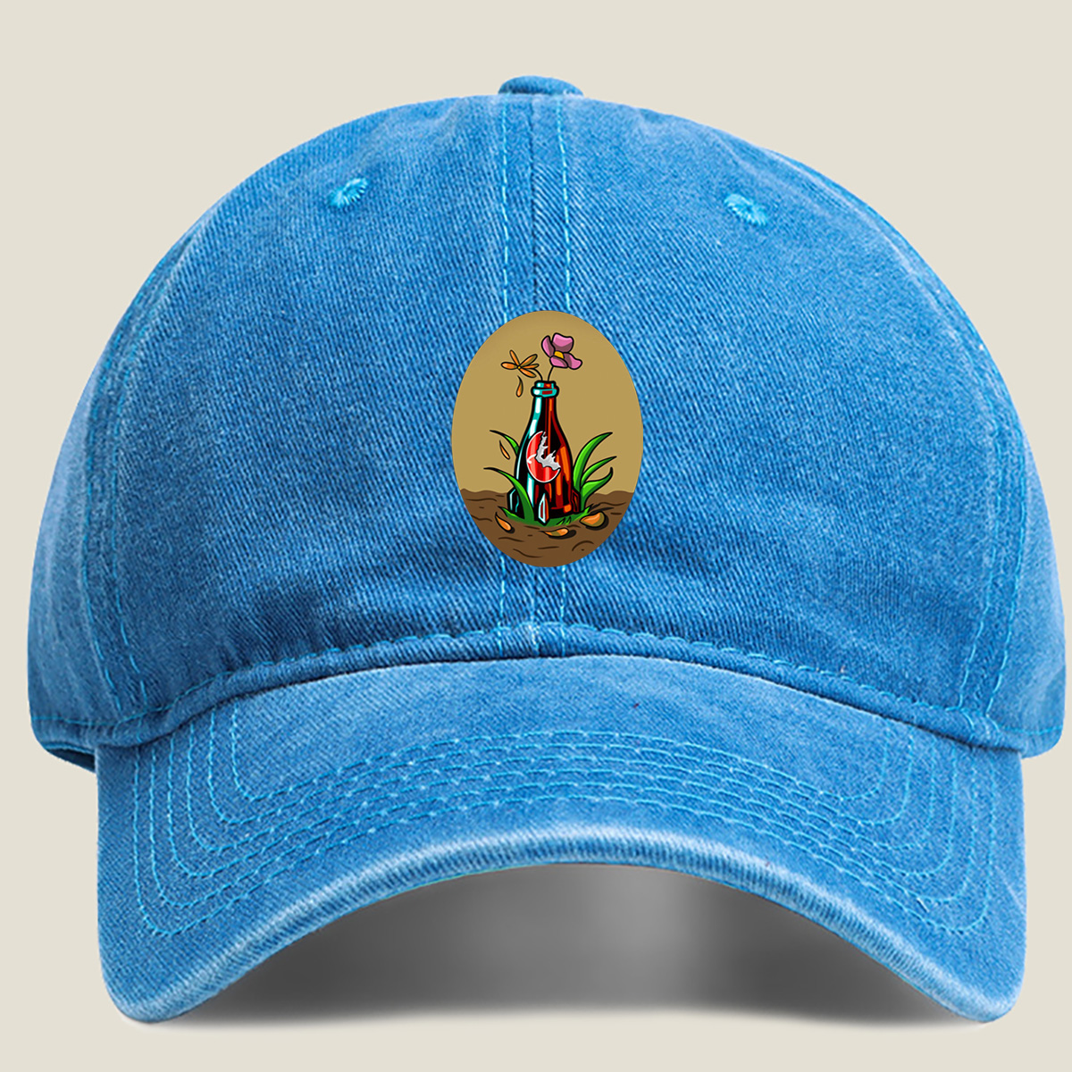 Bottle Garden with Flower and Dragonfly - Washed Denim - Baseball Cap