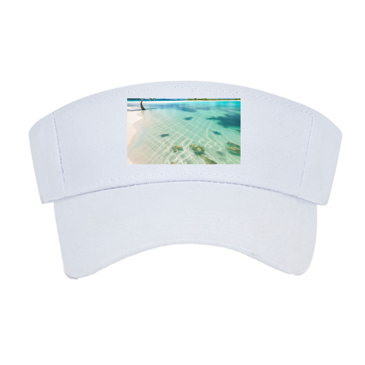Serene tropical beach with crystal clear water and palm trees -  Visor cap