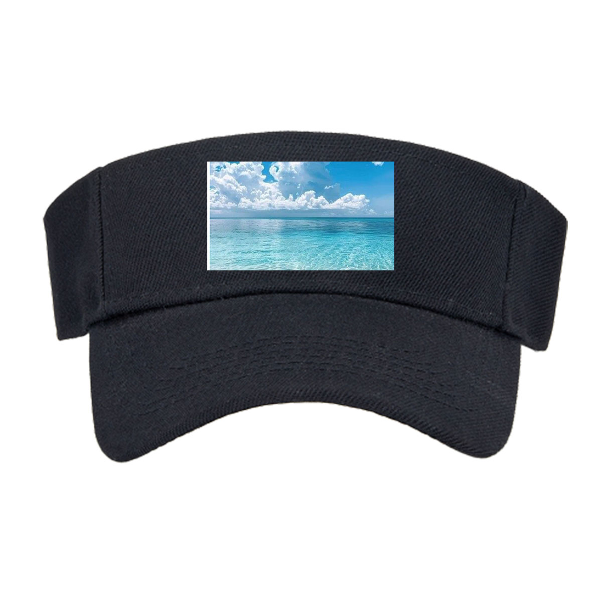 Crystal clear turquoise waters meet soft sandy beach under a vibrant blue sky with fluffy white clouds. -  Visor cap