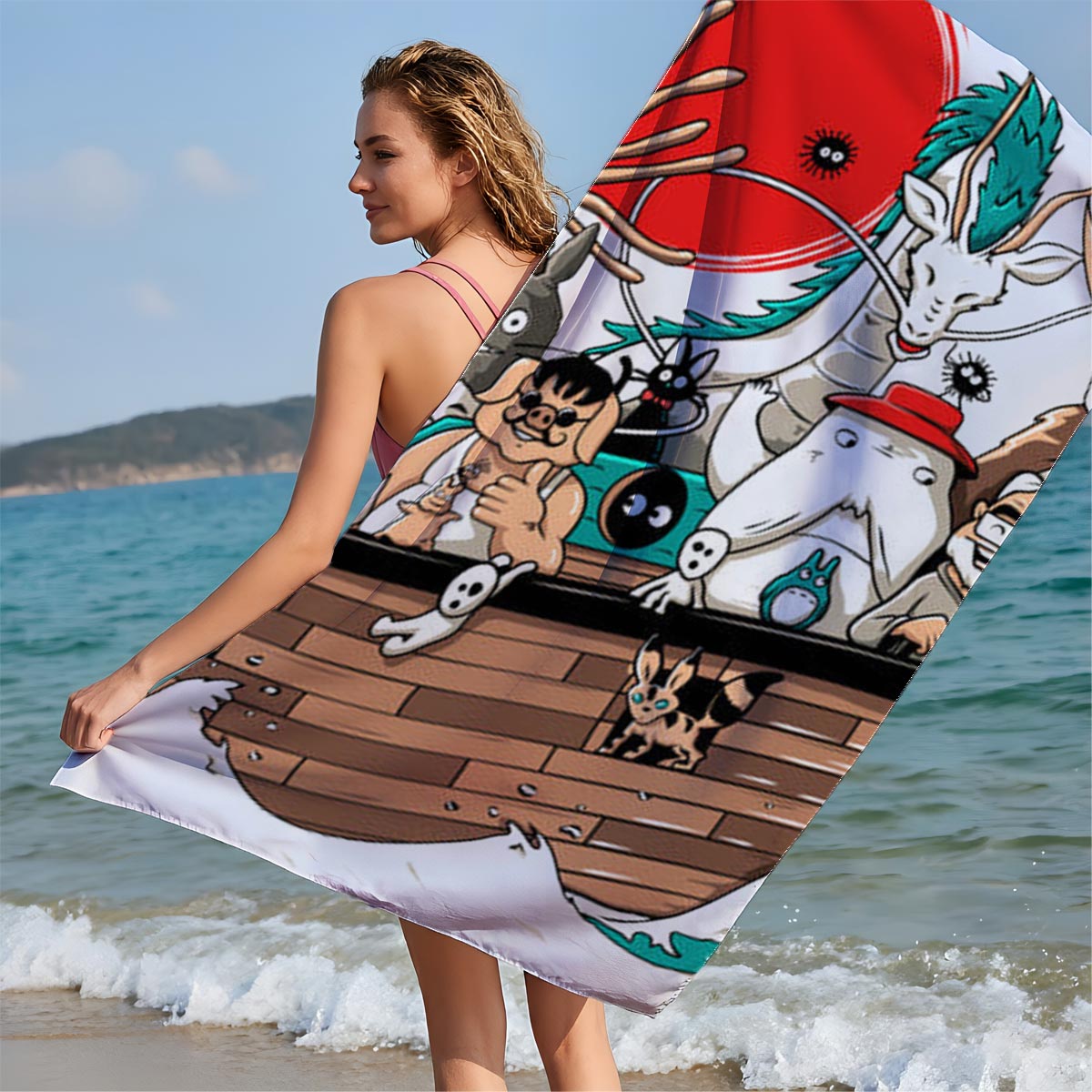 Studio Ghibli Characters Sail in a Wooden Boat with Mythical Creatures and Icons - Beach towels