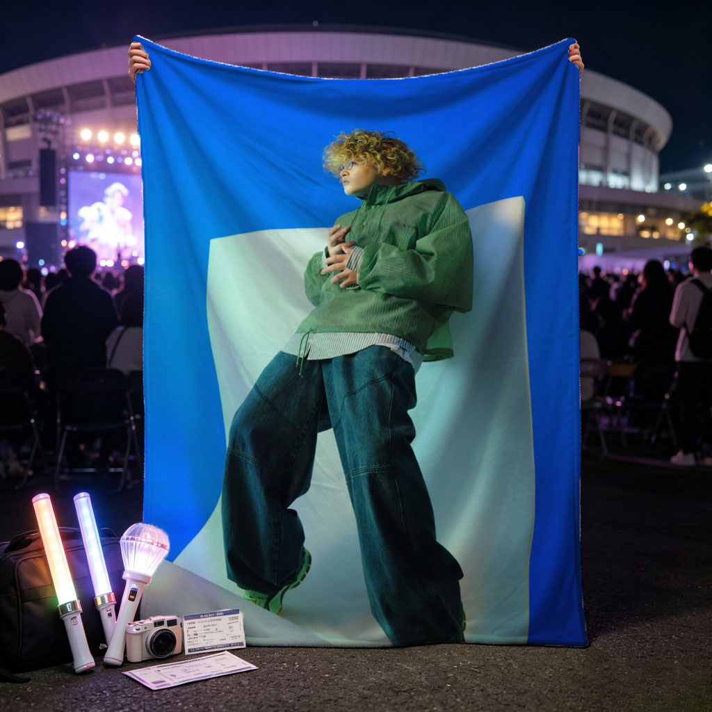 Jaden Smith in a Fashion Shoot Wearing Oversized Green Jacket and Baggy Jeans Against a Blue Background - Blankets