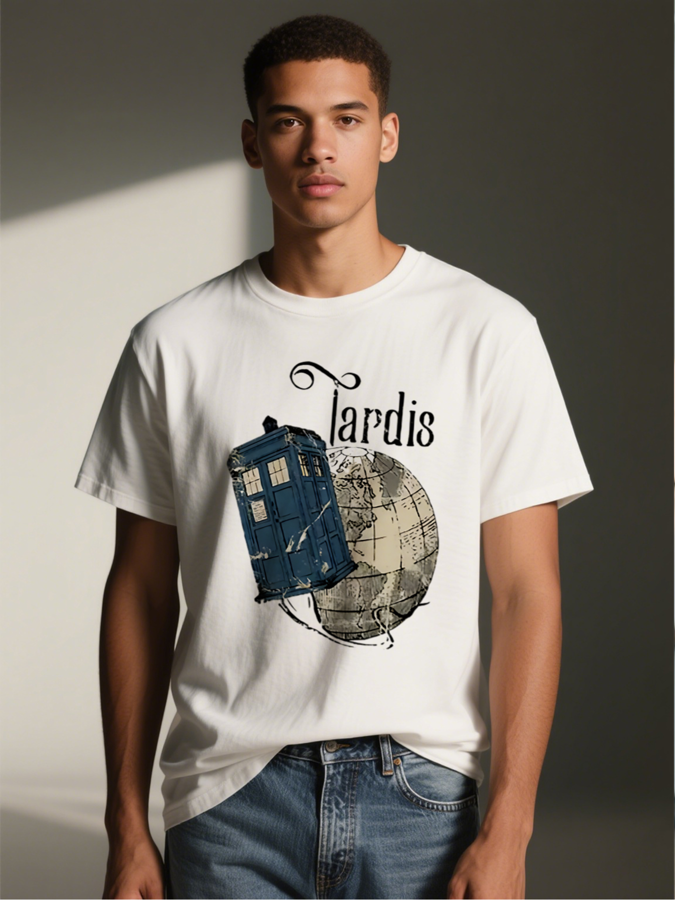 Men's Printed T-Shirt Featuring Police Box and Globe Design, Casual Round Neck Summer Lightweight Breathable Short Sleeve T-Shirt for Sci-Fi Fans and Travel Enthusiasts, Ideal for Daily Wear, Outings, and Themed Events