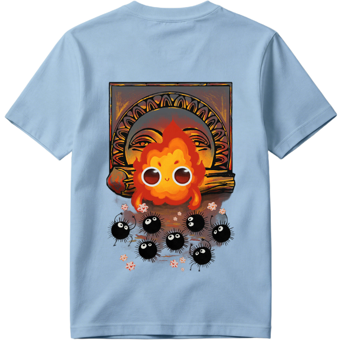 Cute Flame Character with Black Spiky Creatures and Ancient Mask Background - Tee