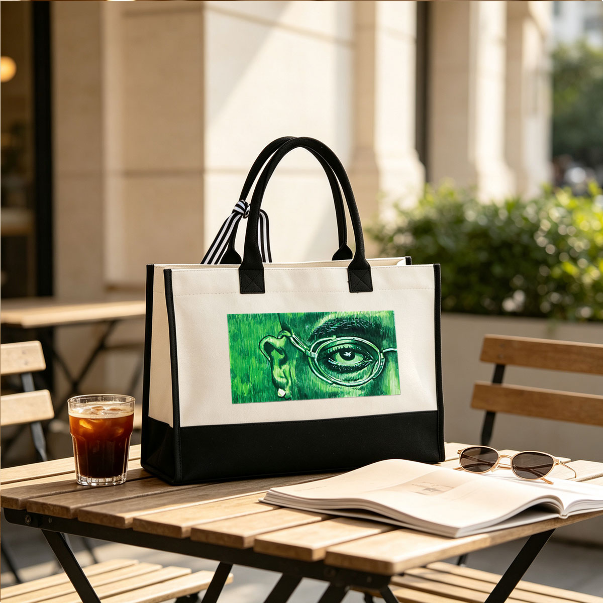 Green-Eyed Gaze with Glasses - Canvas patchwork gift tote bag
