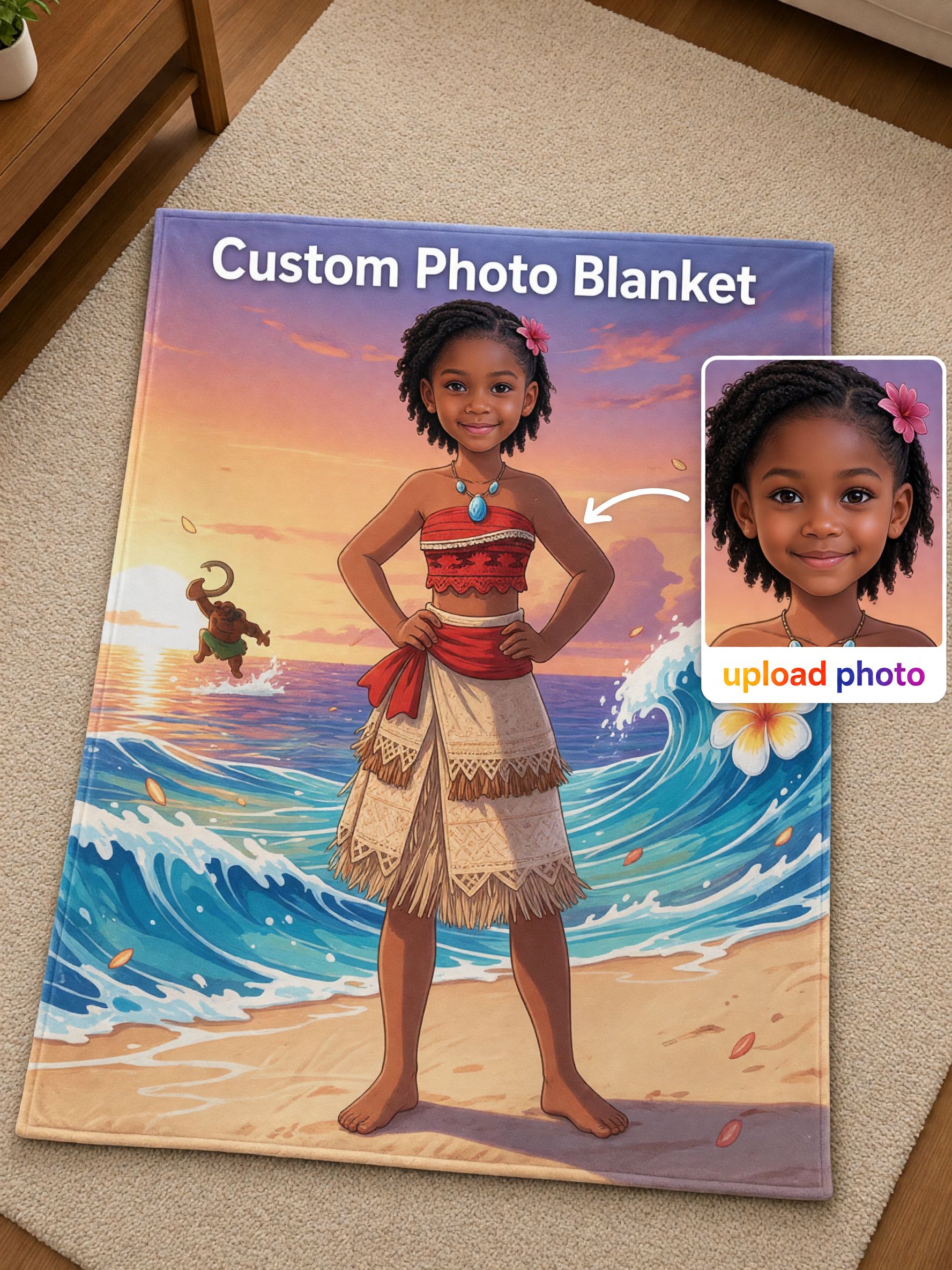 Custom Face Blanket Personalized Ocean Princess Flannel Throw, Ultra Soft Anti-Pilling Fleece Bed Blanket Cozy Gift