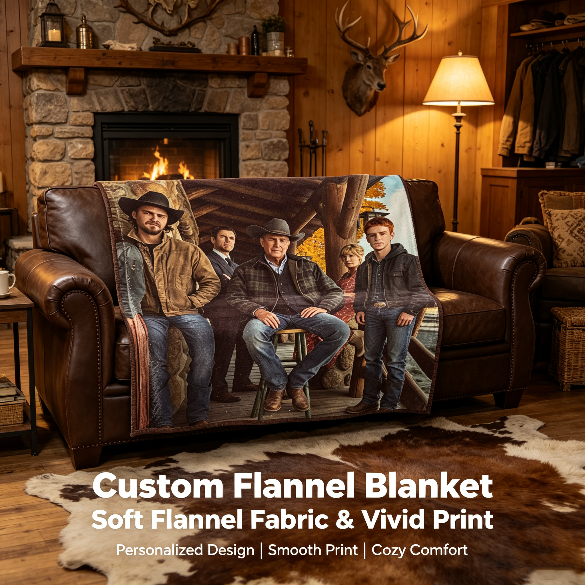 Custom Face Blanket Western Ranch Family Portrait Flannel Blanket Cozy Cabin Decor Gift for Cowgirl and Cowboy Fans
