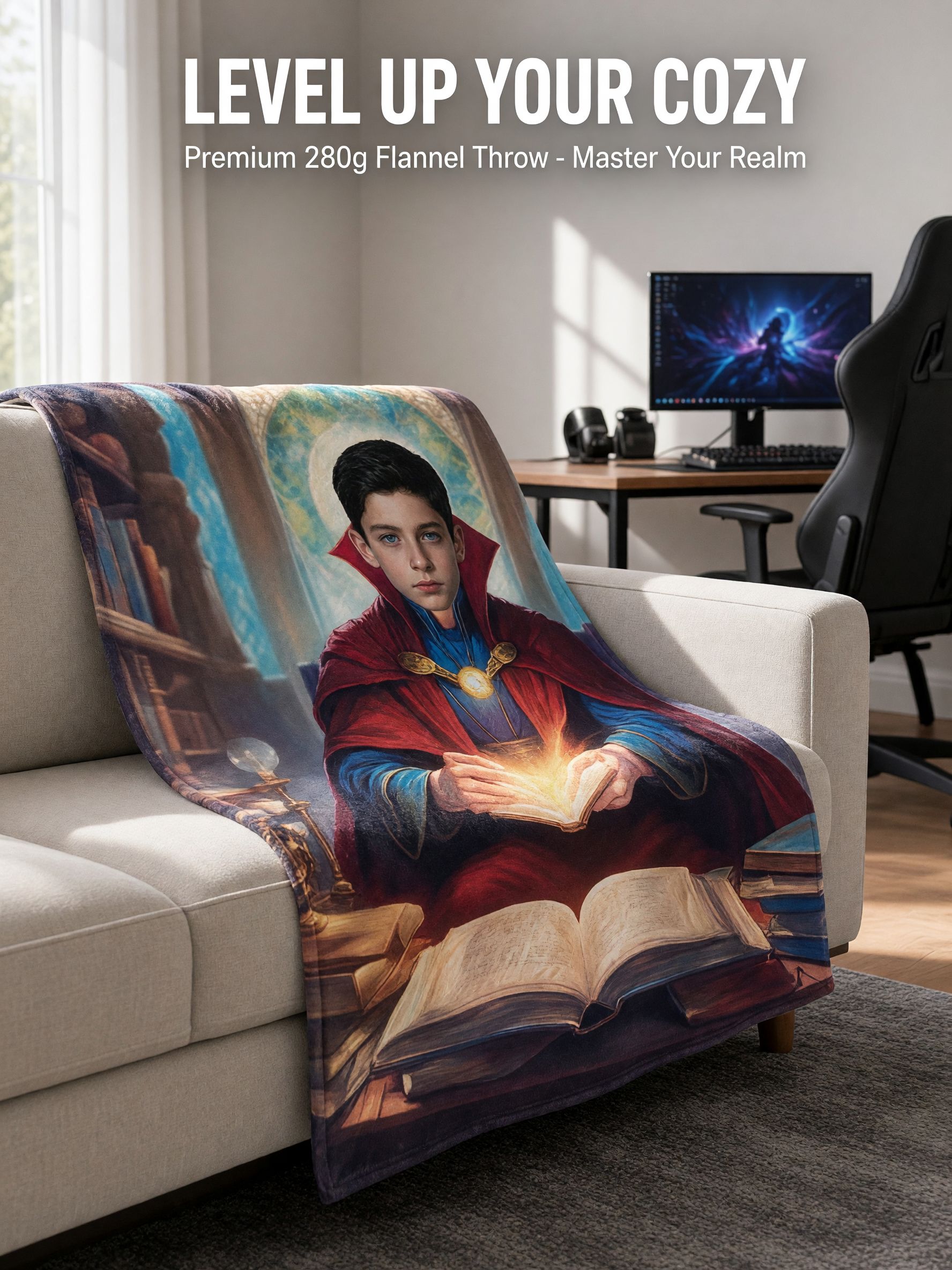Custom Photo Face Blanket Personalized Fantasy Sorcerer Wizard Flannel Fleece Throw Soft Anti-Pilling Keepsake Gift for