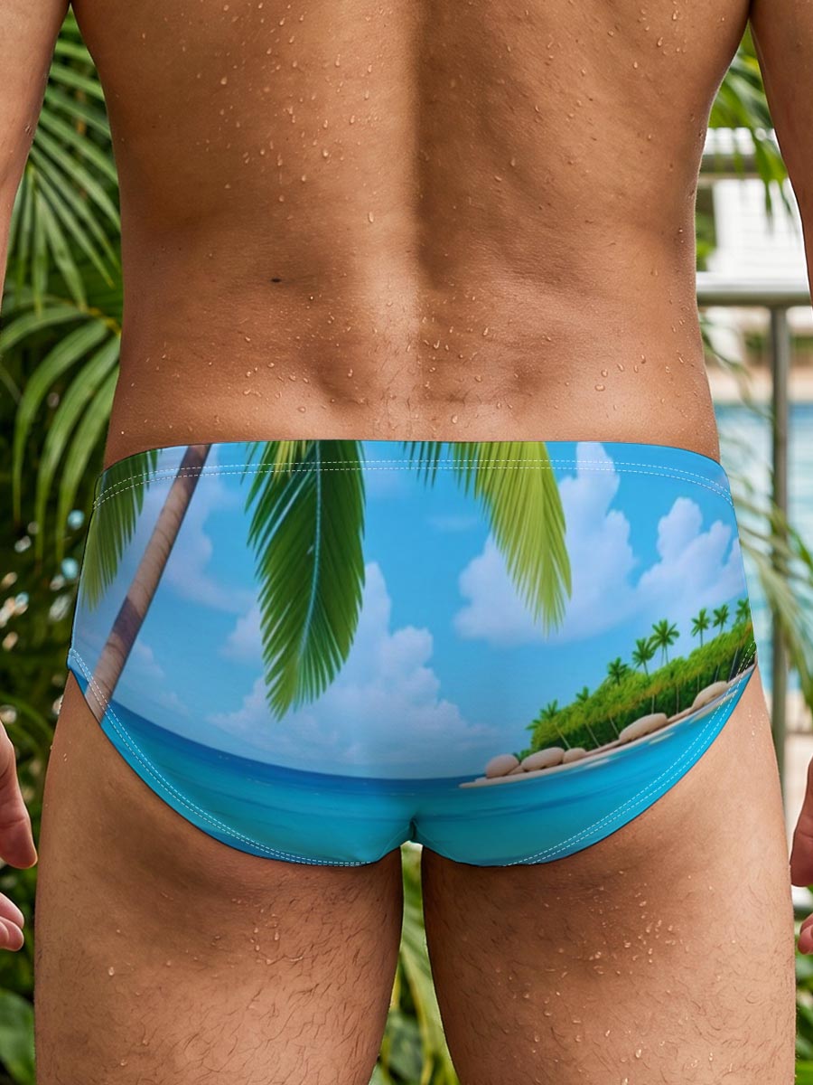 Tropical Beach with Palm Tree and Clear Blue Water -  Men's swim trunks