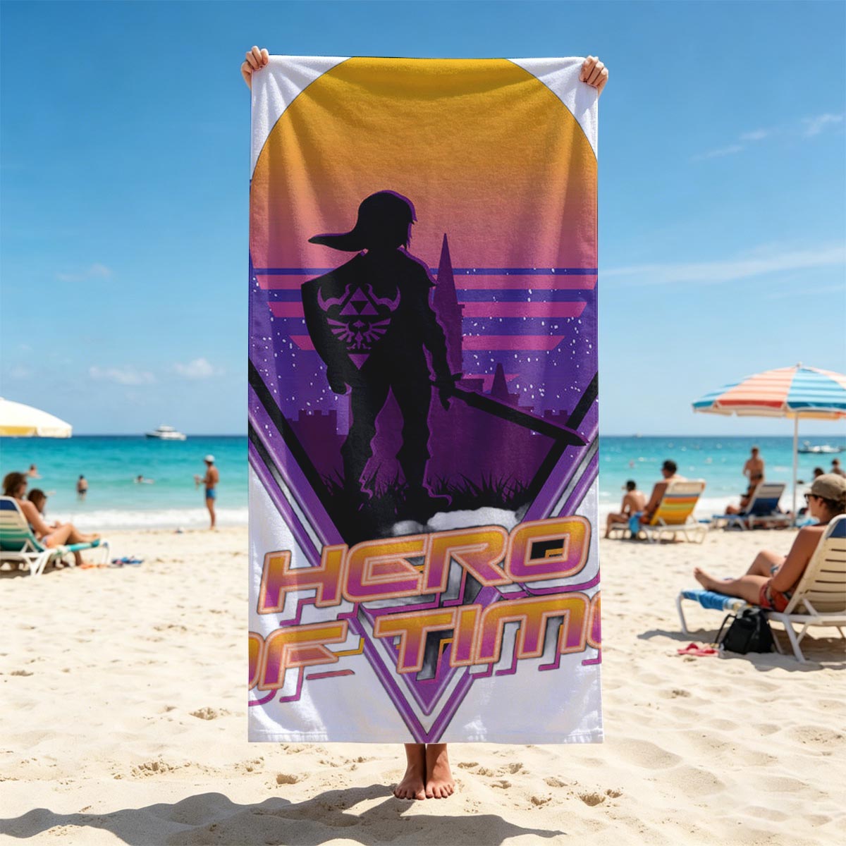 Hero of Time: Link Silhouette in Retro Sunset Scene - Beach towels