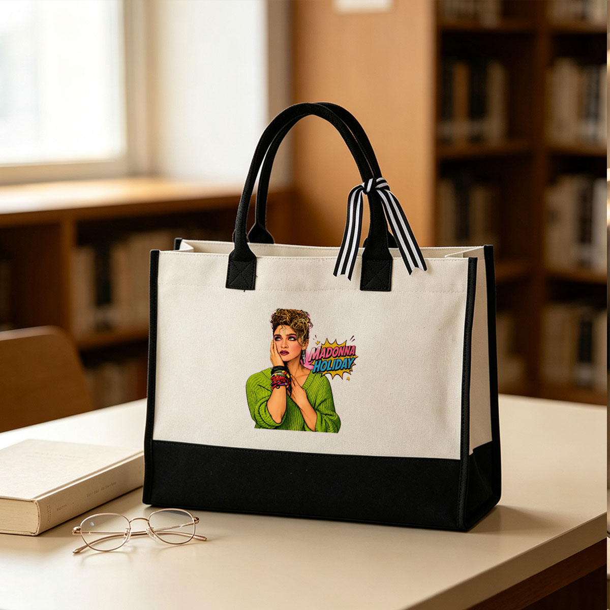 Madonna Holiday: Iconic Pop Star in Vibrant Green Sweater with Bold Accessories - Canvas patchwork gift tote bag