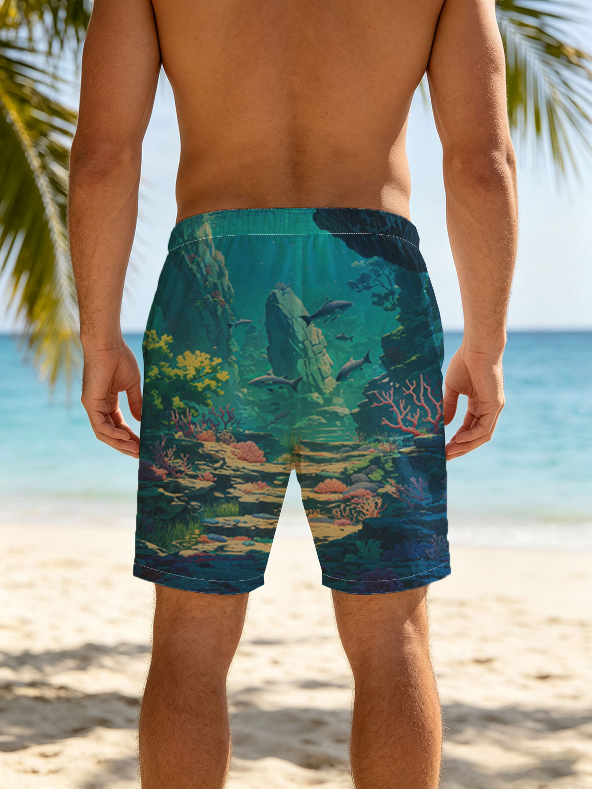Underwater Paradise with Colorful Coral and Swimming Fish -  Beach shorts