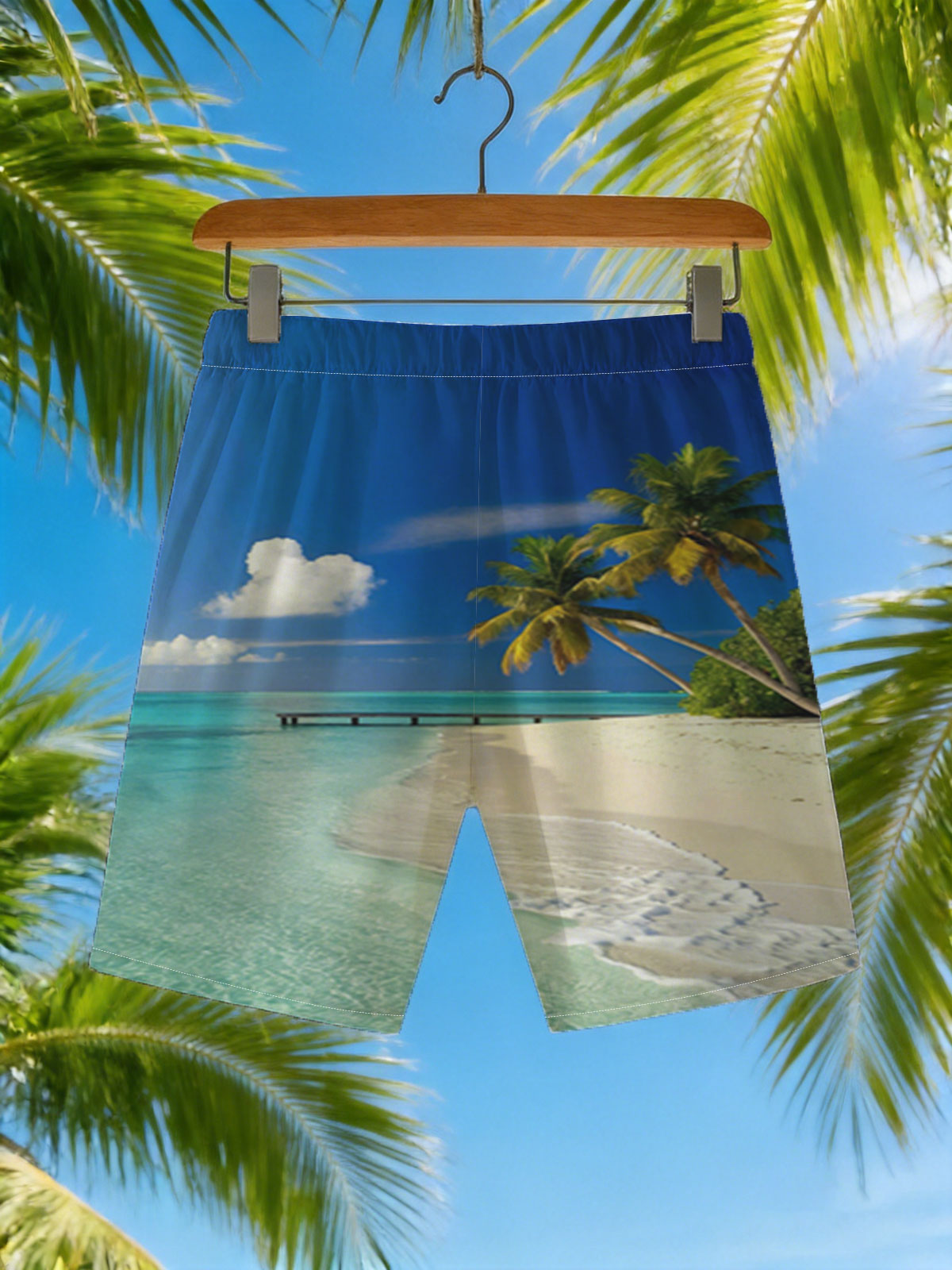 Tropical Beach with Palm Trees and Crystal Clear Water -  Beach shorts