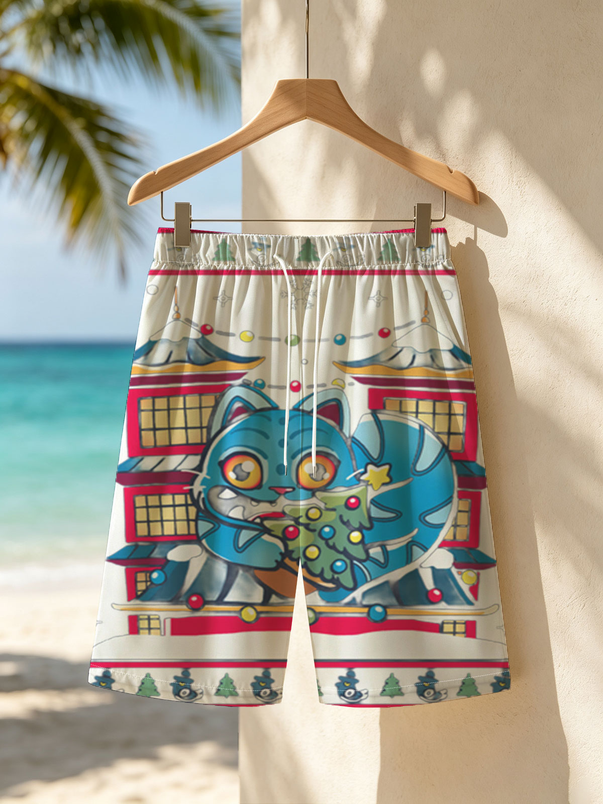 Blue Cat with Christmas Tree in Front of Pagoda House -  Beach shorts