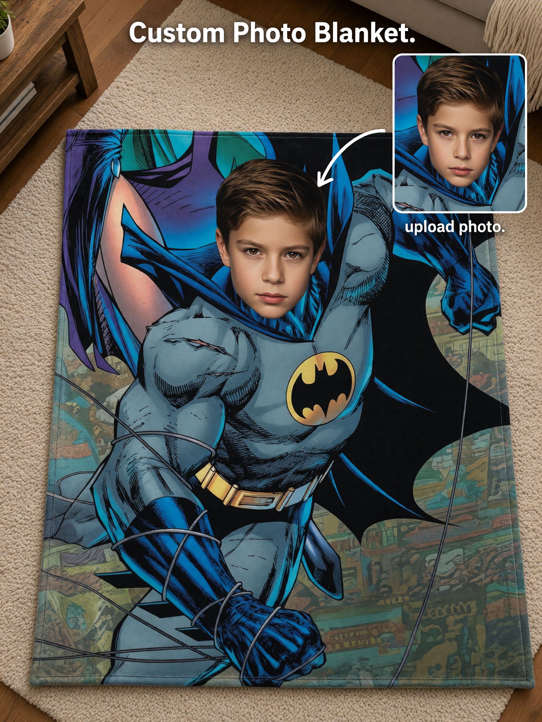 Personalized Superhero Face Photo Blanket, Ultra Soft Flannel Fleece Comic Throw, Unique Custom Birthday Keepsake Gift