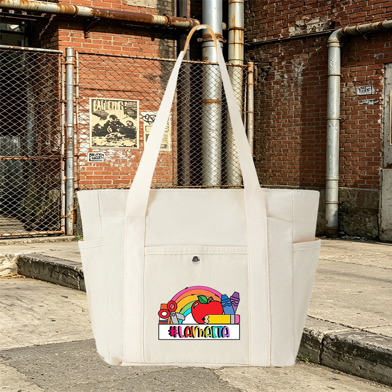 Multi Pocket Bag Cream White with Rainbow Apple Crayon Scissors Print #LAMACETA Design - Perfect for School, Art Supplies Storage, and Daily Use - Ideal for Students, Teachers, and Creative Professionals