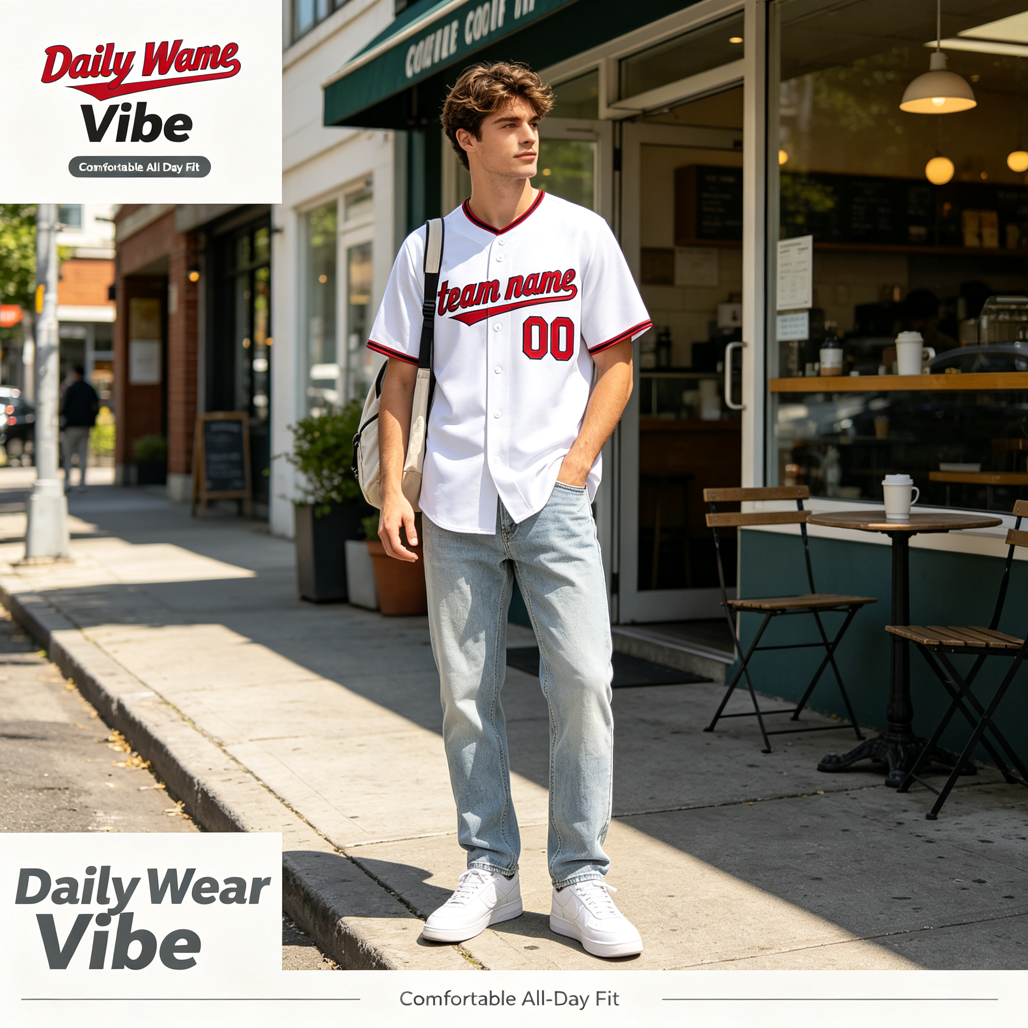 Custom Printed Cleveland Script Style Baseball Jersey White Navy Red Trim Button Down Shirt for Men and Women
