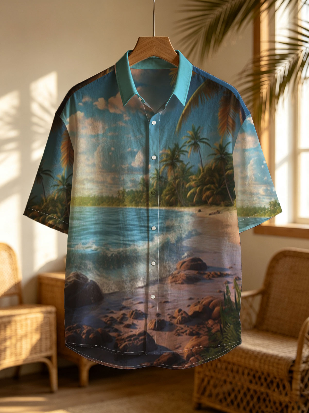 Tropical Beach at Sunset with Palm Trees and Gentle Waves -  Shirt