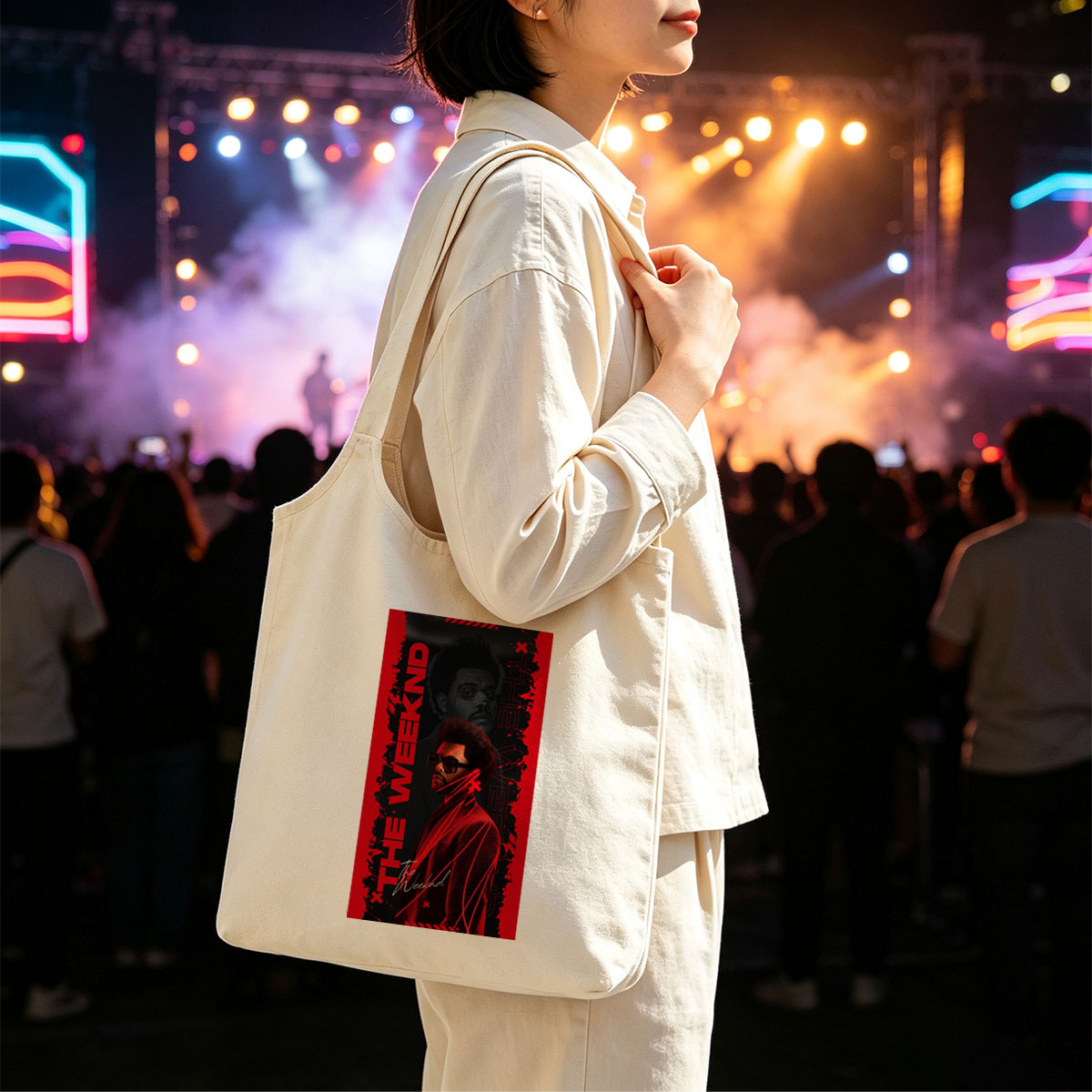 The Weeknd Dark Red Aesthetic Portrait with Bold Typography and Dramatic Lighting - Canvas shoulder bags/