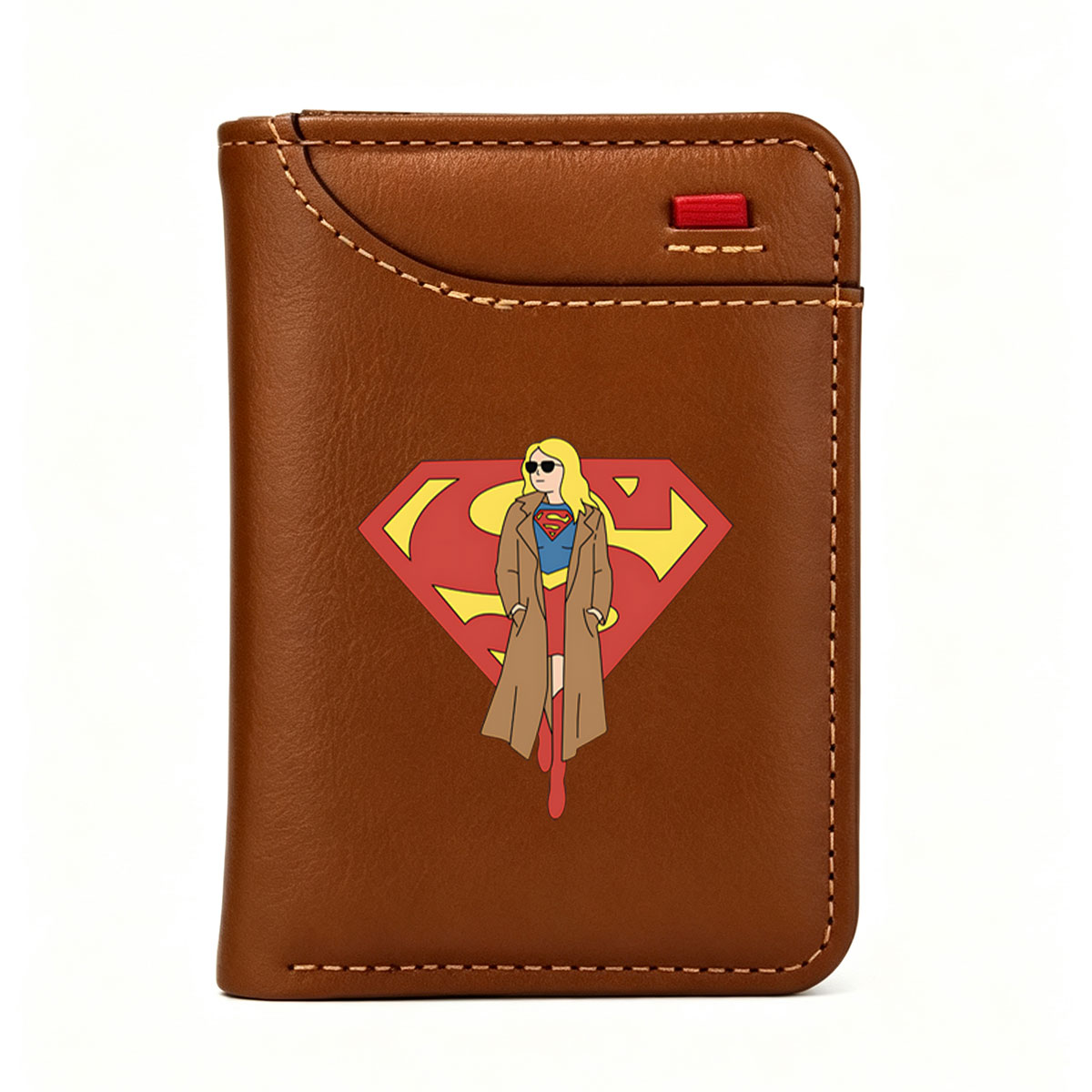 Supergirl in a Brown Coat with Superman Logo Background - Vertical Style Wallet