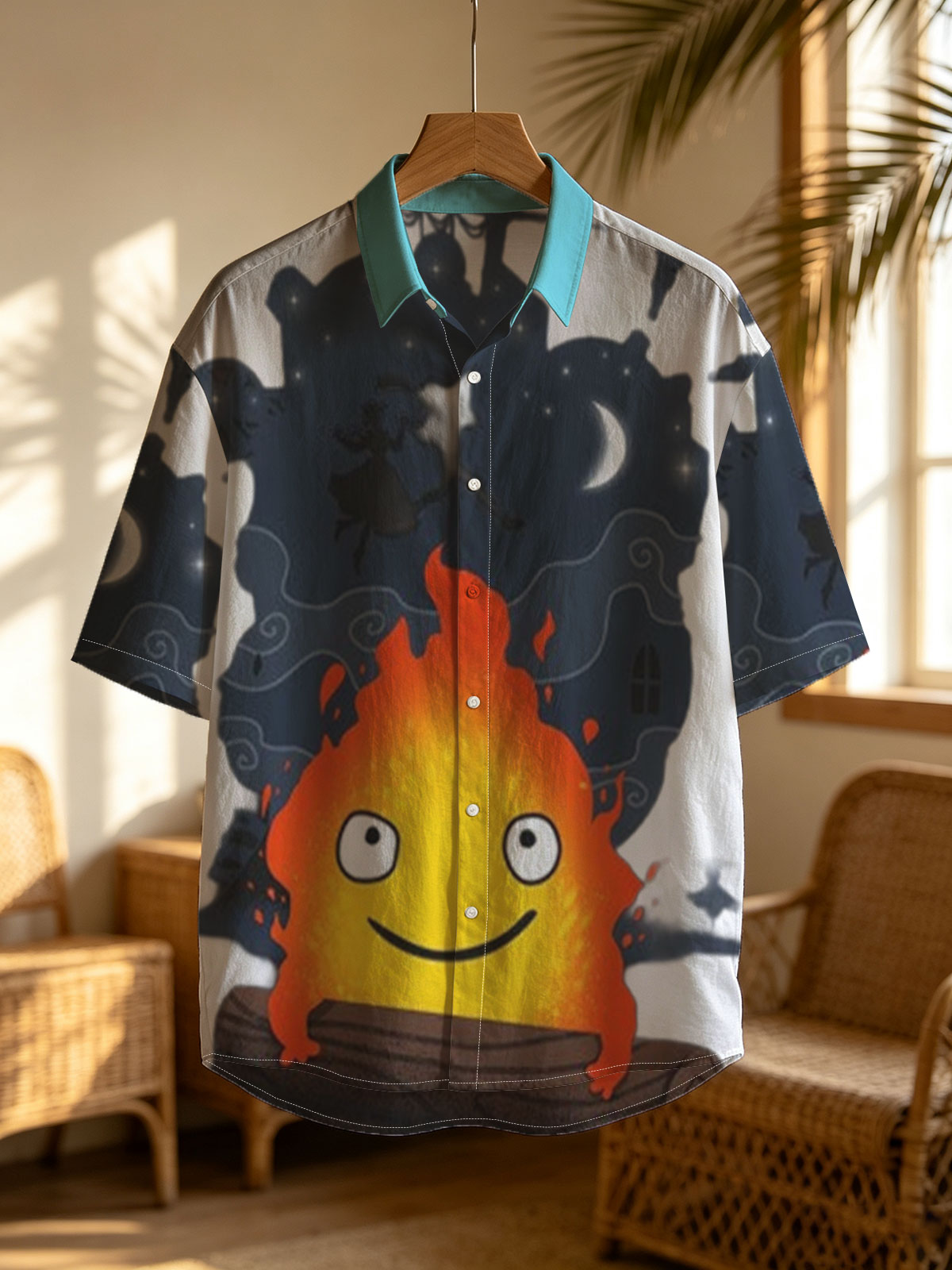 Cute Flame Character with Night Sky and Witch Silhouette Background -  Shirt