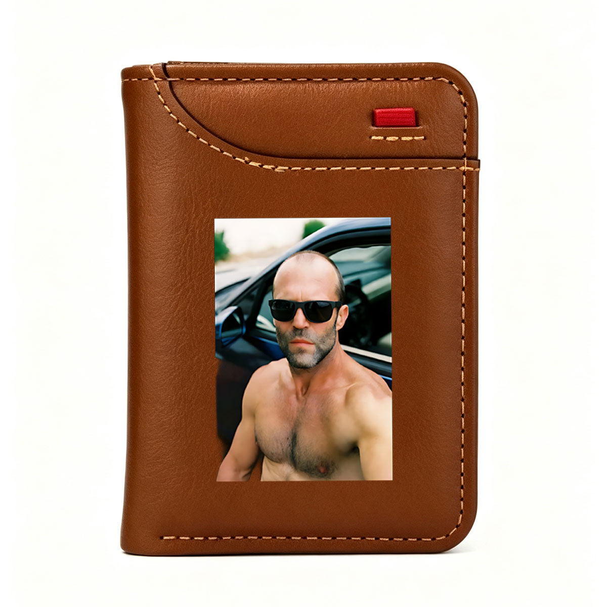 Jason Statham shirtless in sunglasses near car - Vertical Style Wallet