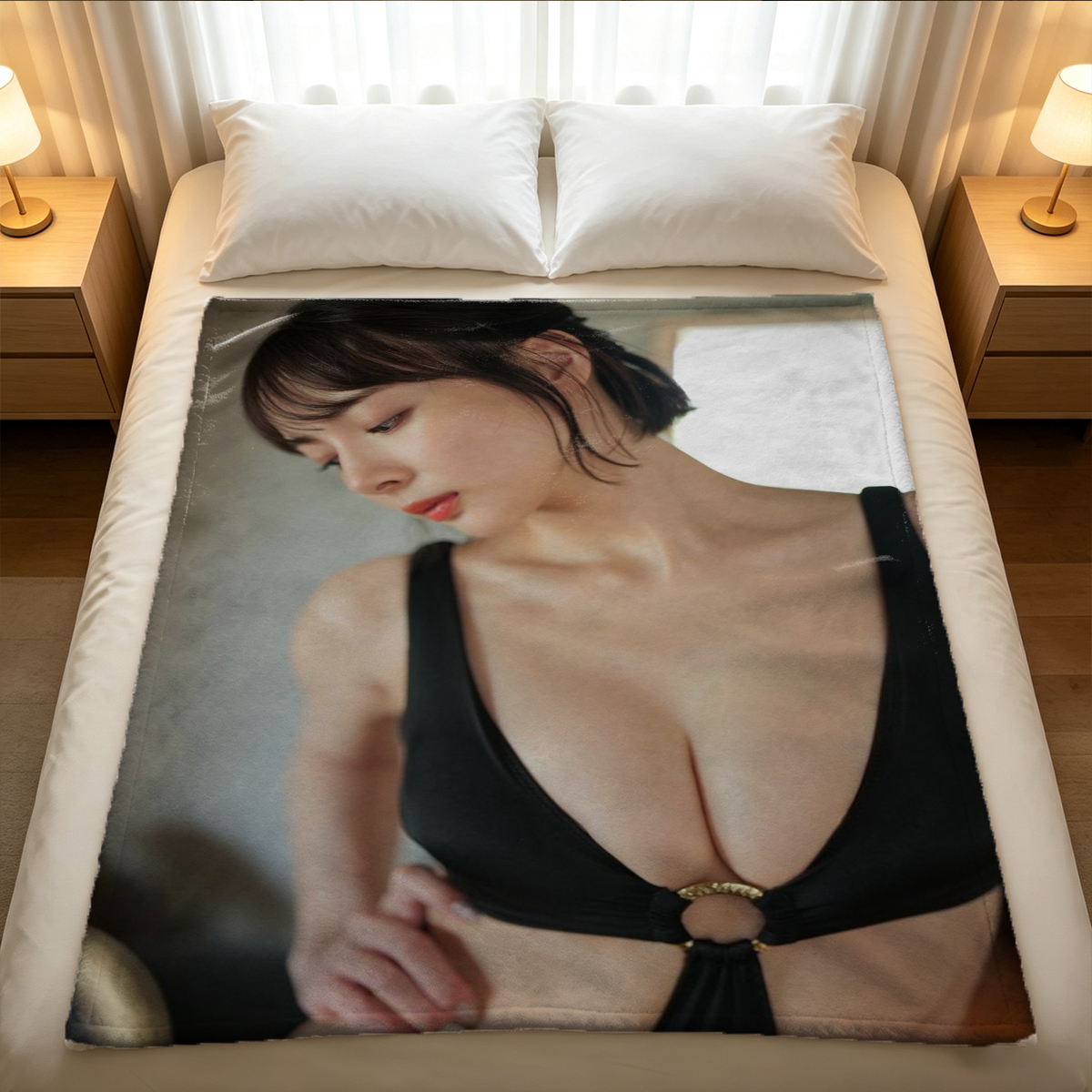 Nude Asian Woman in Christmas Lingerie and Reindeer Antlers on Bed - Blanket