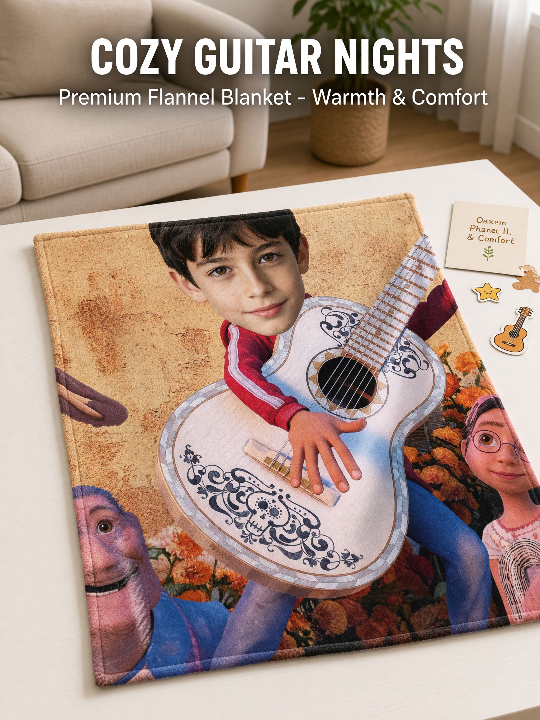 Custom Photo Face Blanket Personalized Guitar Musician Flannel Fleece Throw Soft Anti-Pilling Keepsake Gift for Kids and Family