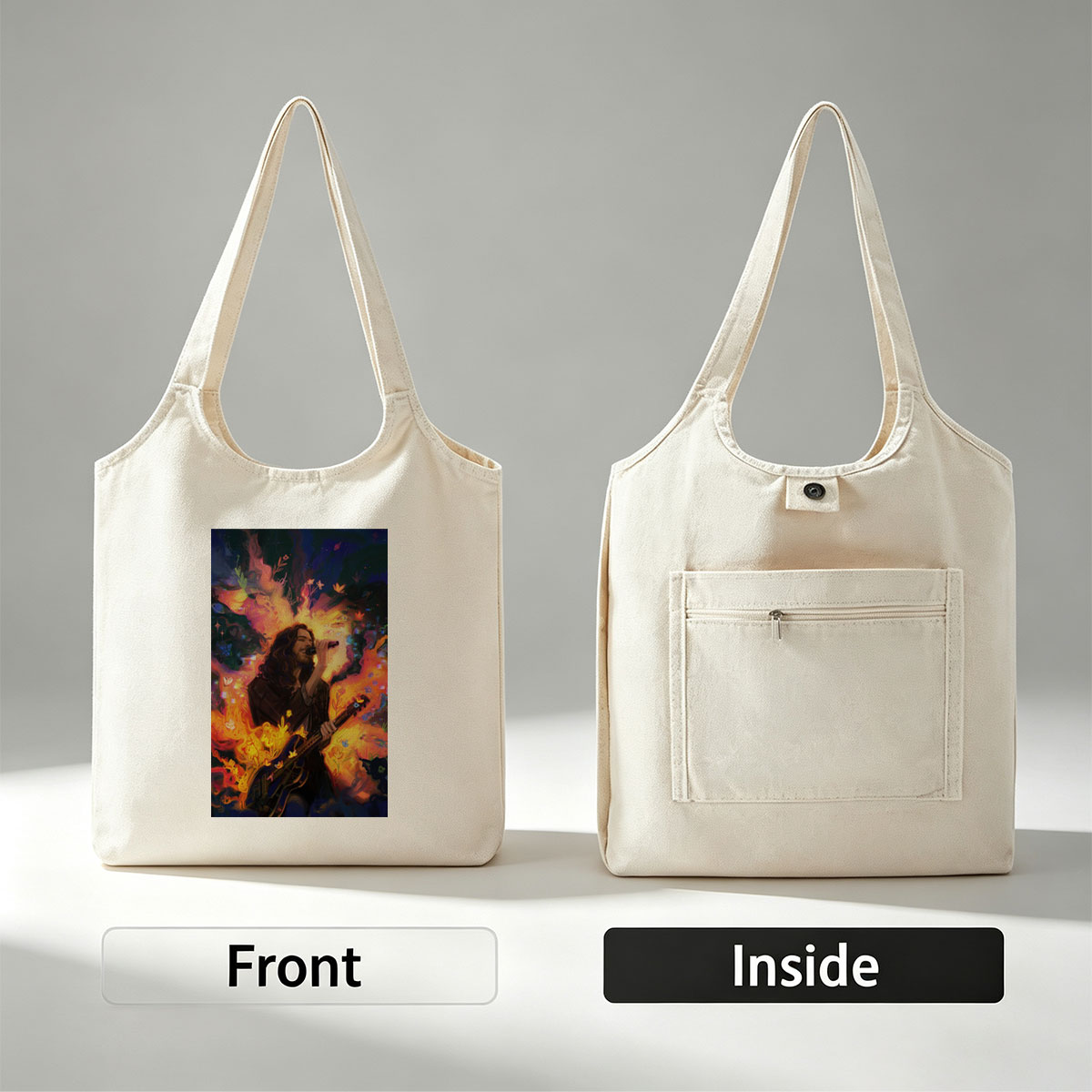 Hozier Performing with Guitar Amidst Vibrant Flames and Flowers Artwork - Canvas shoulder bags/
