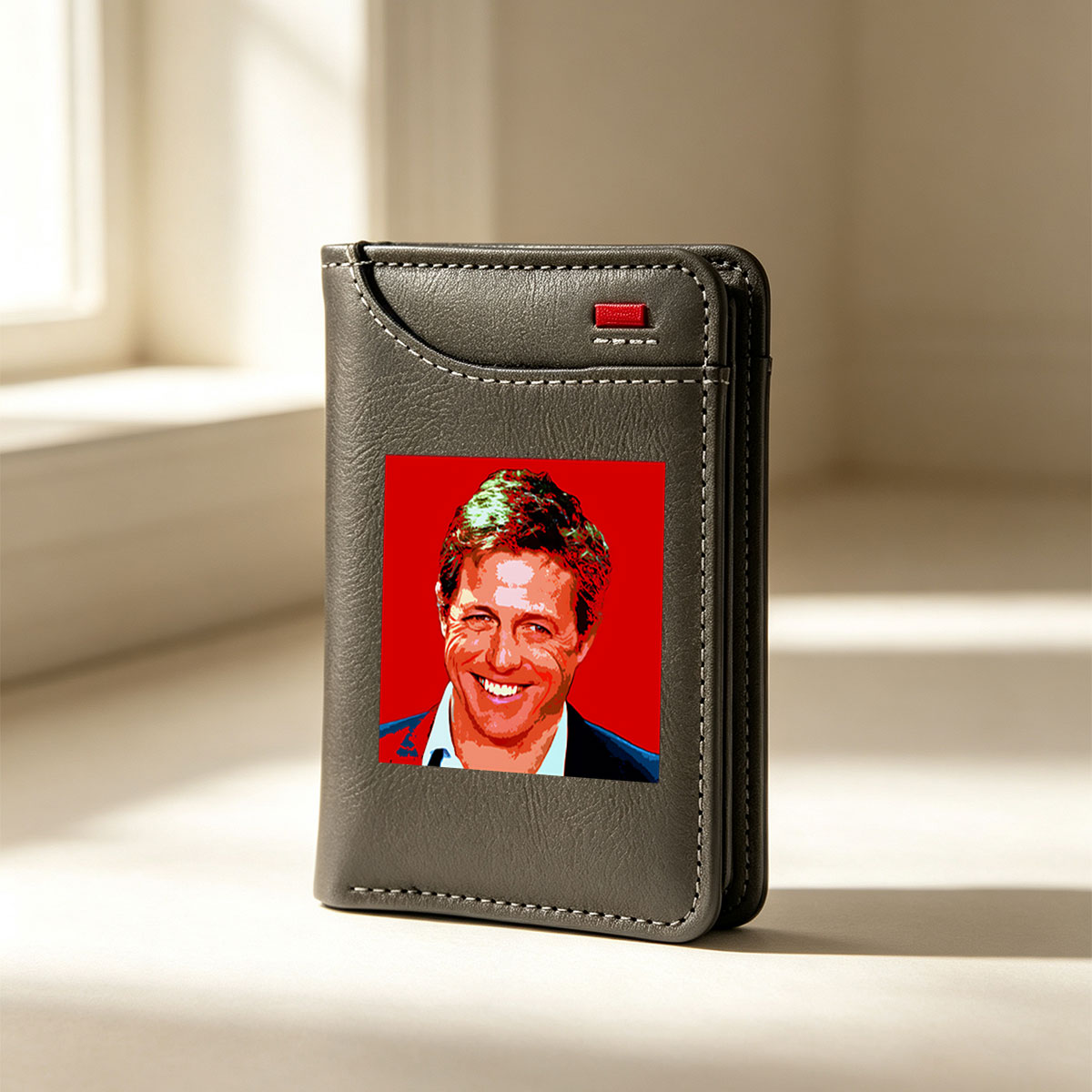 Hugh Grant in a vibrant, stylized portrait with bold red background and pop art effect. - Vertical Style Wallet