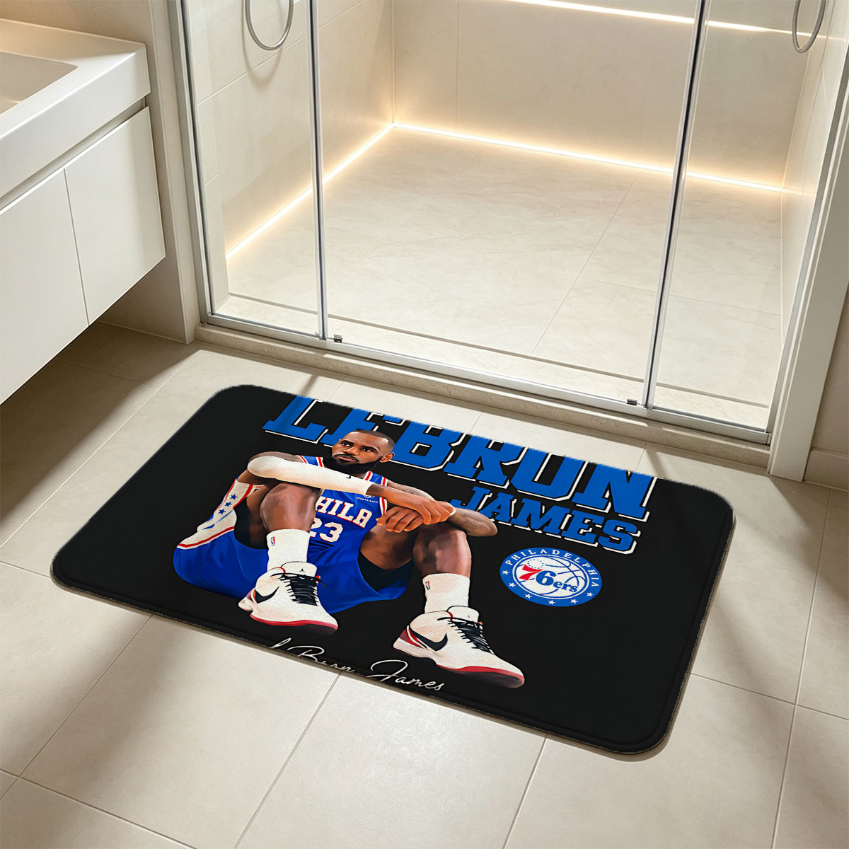 LeBron James in Philadelphia 76ers Jersey, Sitting Pose with Team Logo and Signature - Flannel floor mat