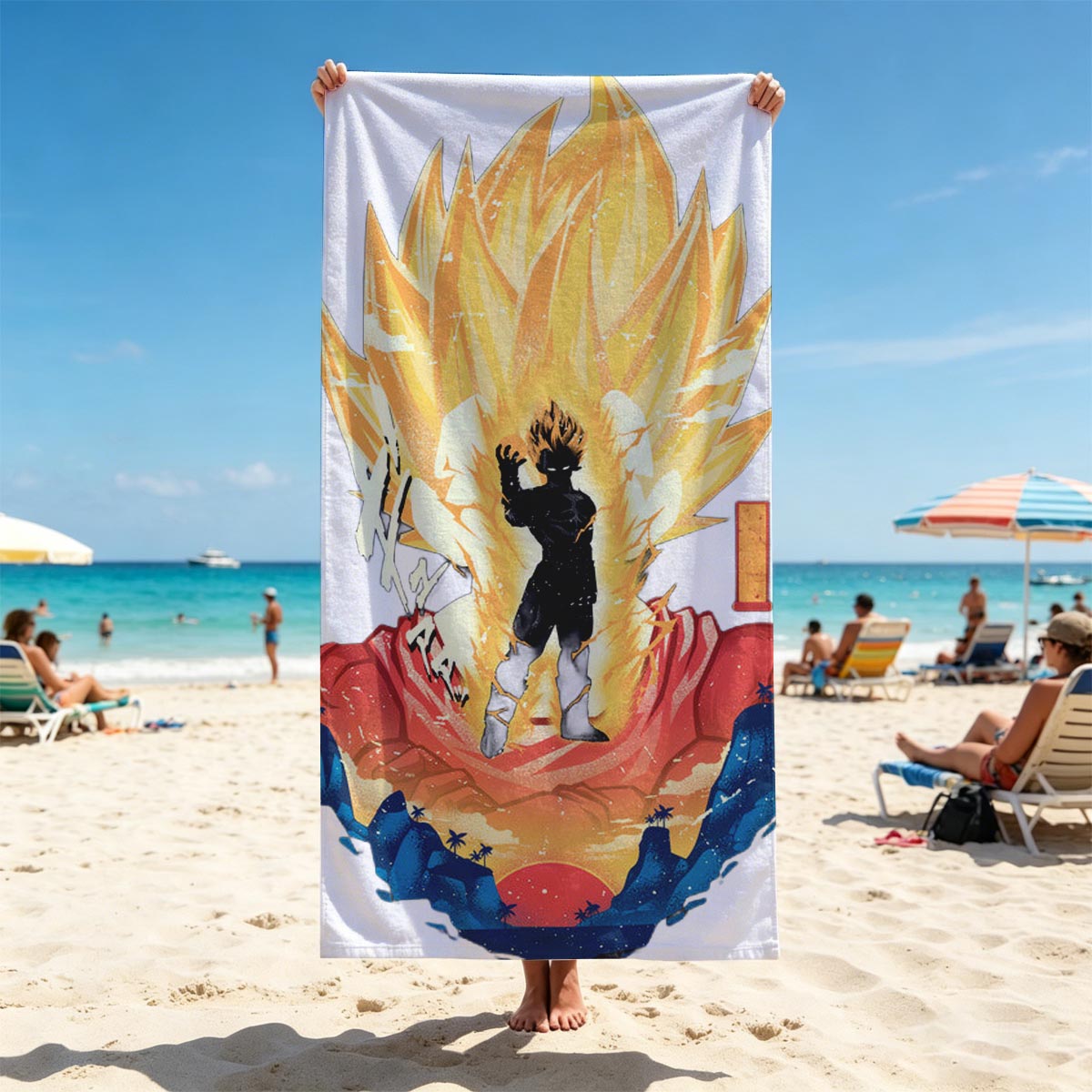 Super Saiyan Transformation: Dragon Ball Z Character in Radiant Aura - Beach towels