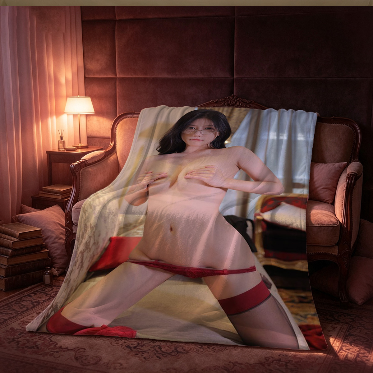 A woman in a beige bra and sheer pantyhose standing in a modern apartment doorway. - Blanket