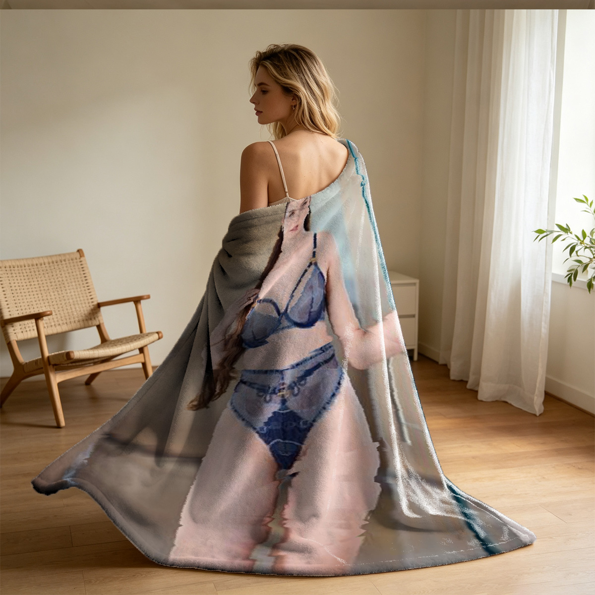 A young woman in a strapless floral mini dress posing on a purple vintage sofa. - Blanket
