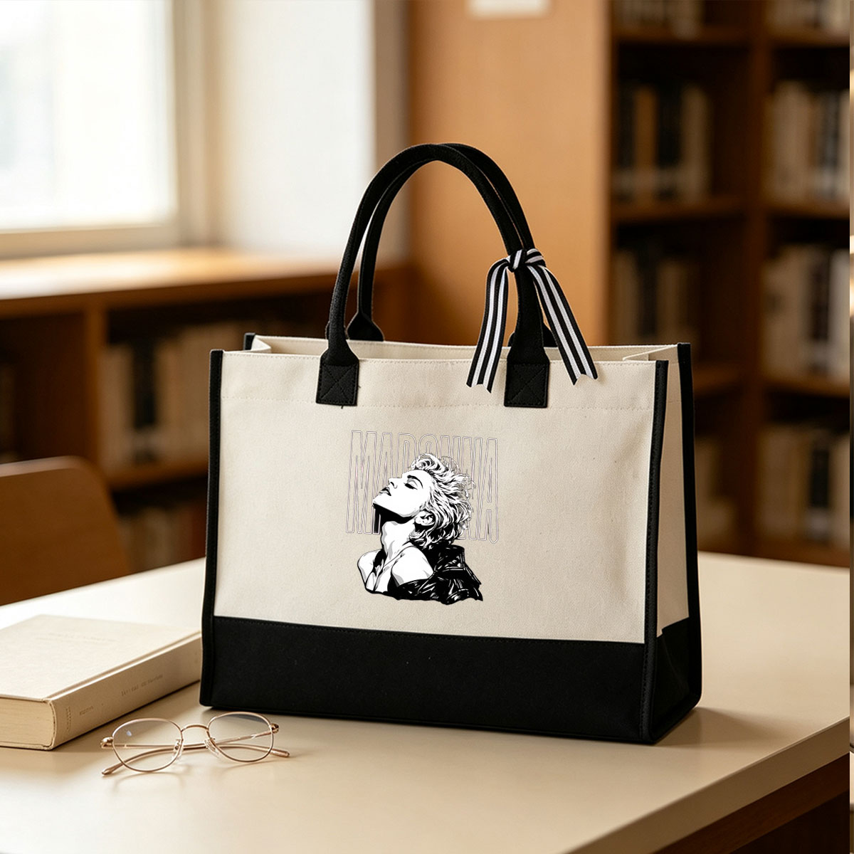 Madonna: Iconic Pop Star Portrait - Canvas patchwork gift tote bag