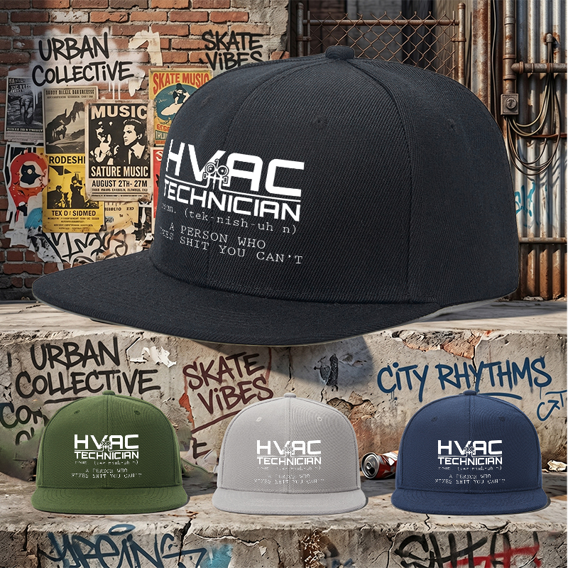 Flat Brim Baseball Cap HVAC Technician Print Streetwear Underground Skate Style For Basketball Court Skate Park Urban Lifestyle Skaters Rappers Streetwear Enthusiasts