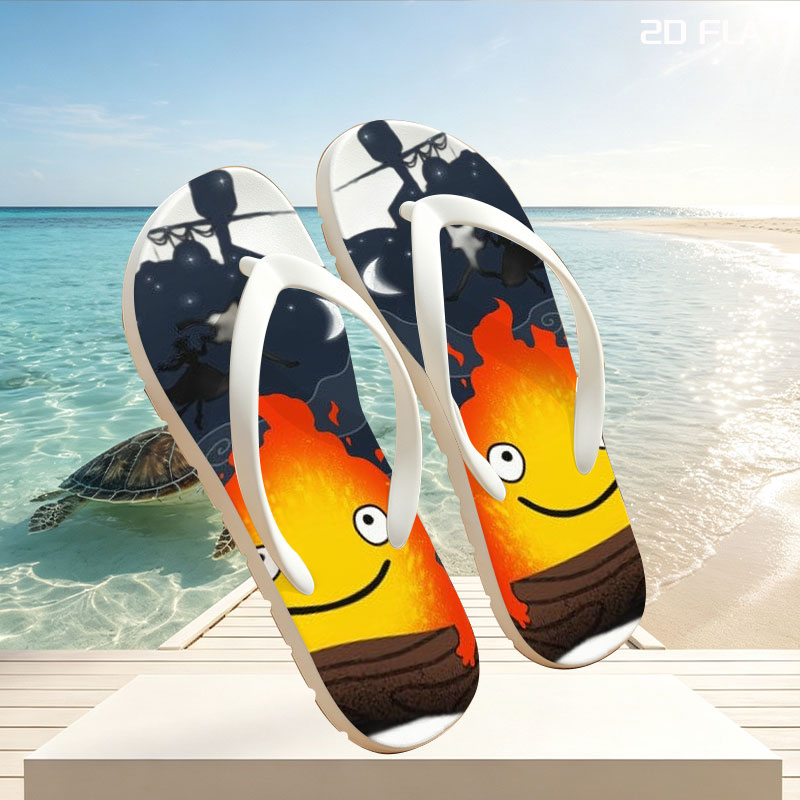 Cute Flame Character with Night Sky and Witch Silhouette Background -  flip-flops