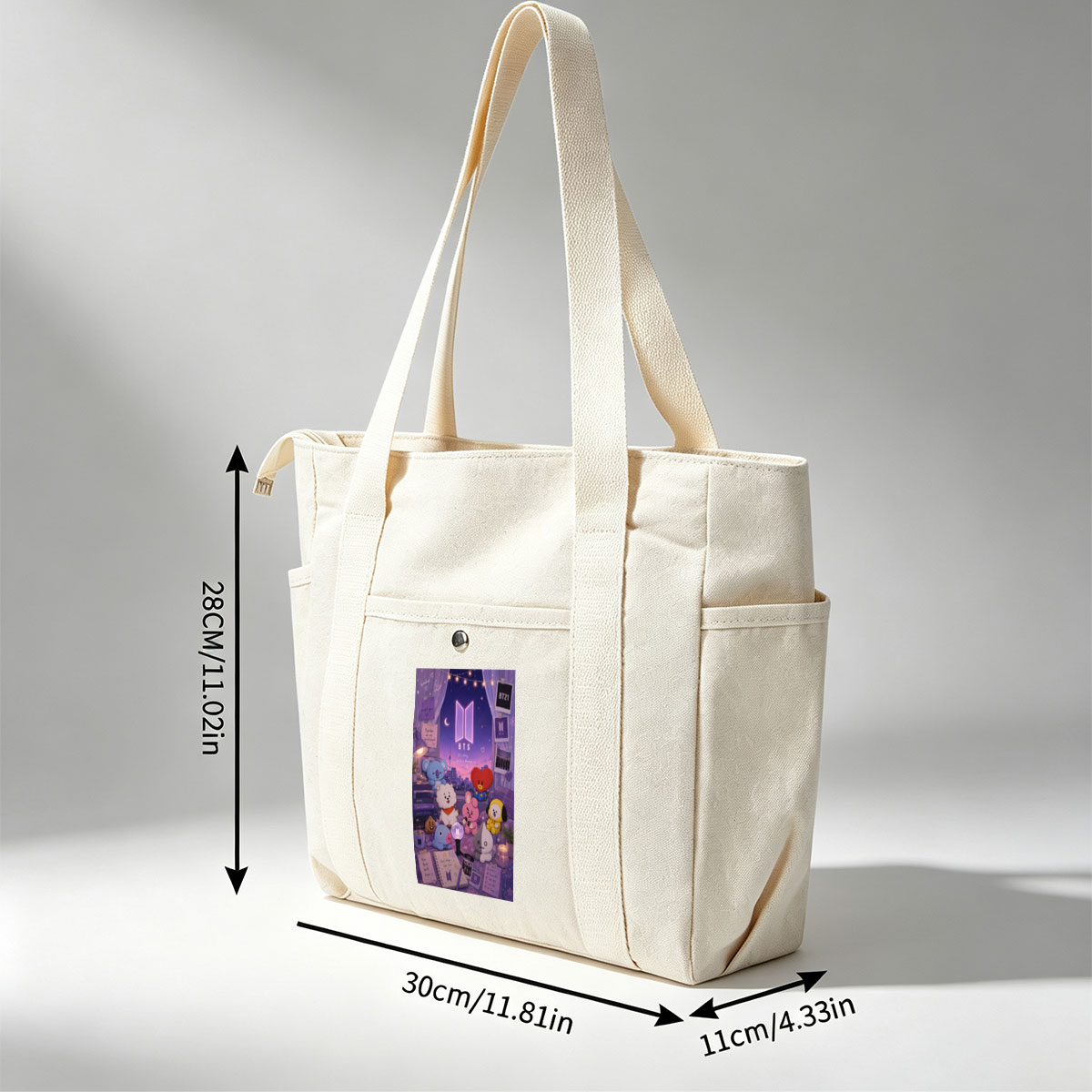 BTS BT21 Characters in a Cozy Room with City View and Dreamy Night Sky Decor - Multi-pocket bags
