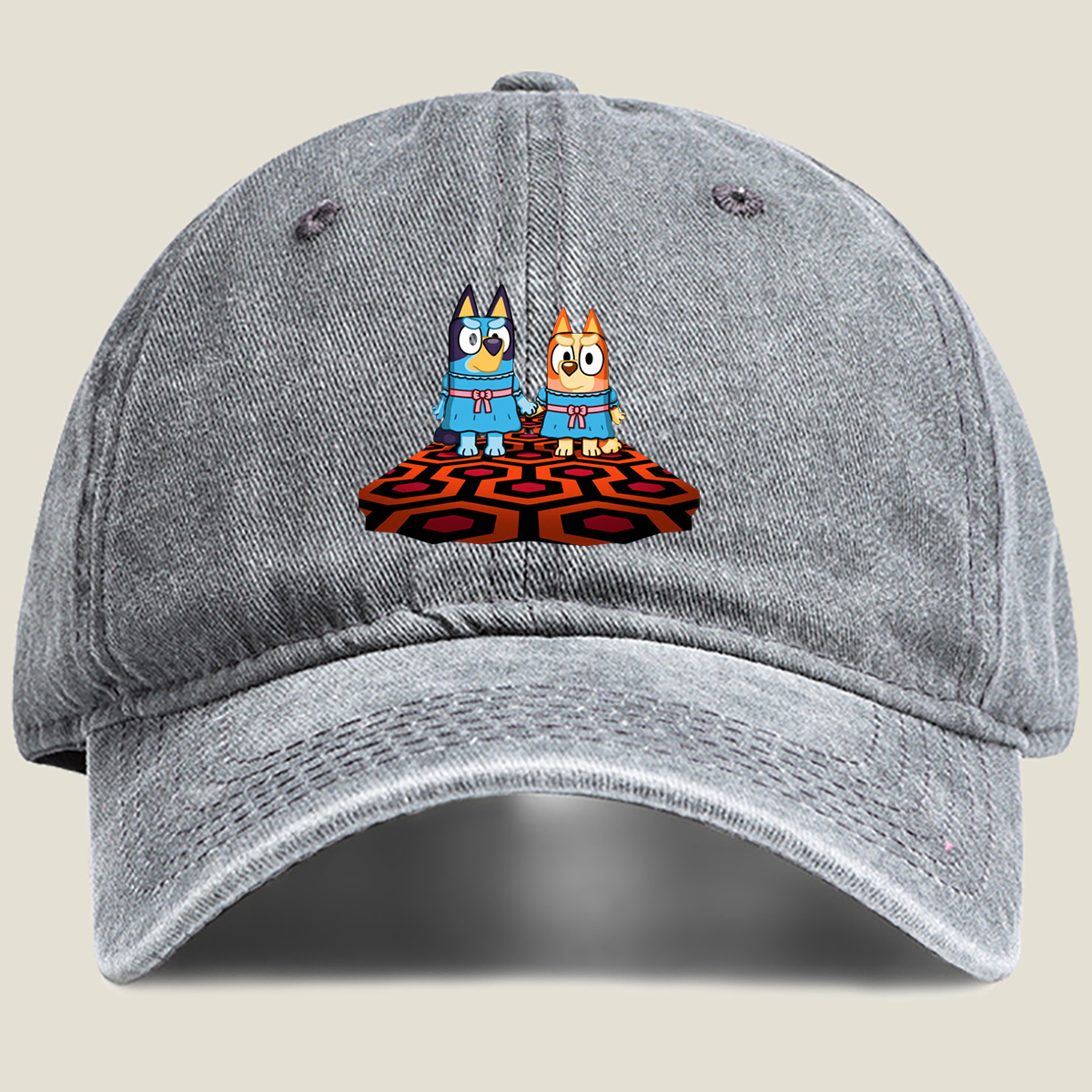 Bluey and Bingo in Matching Dresses on a Patterned Rug - Washed Denim - Baseball Cap
