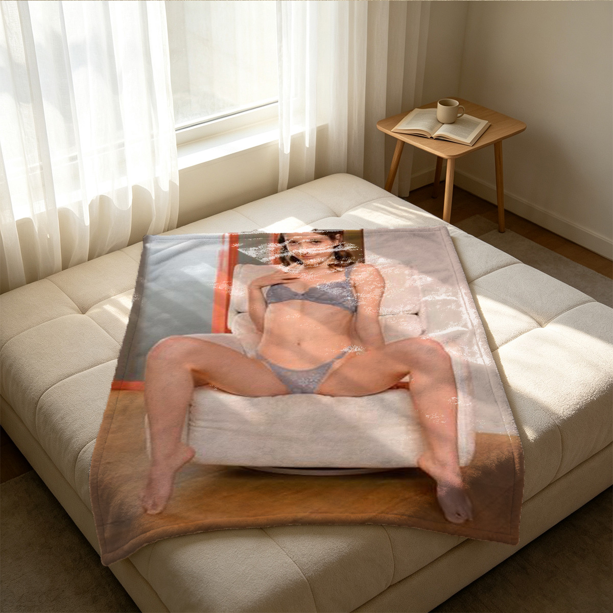 Two Women in Lingerie and Stockings on Satin Bed with Red Curtains - Blanket