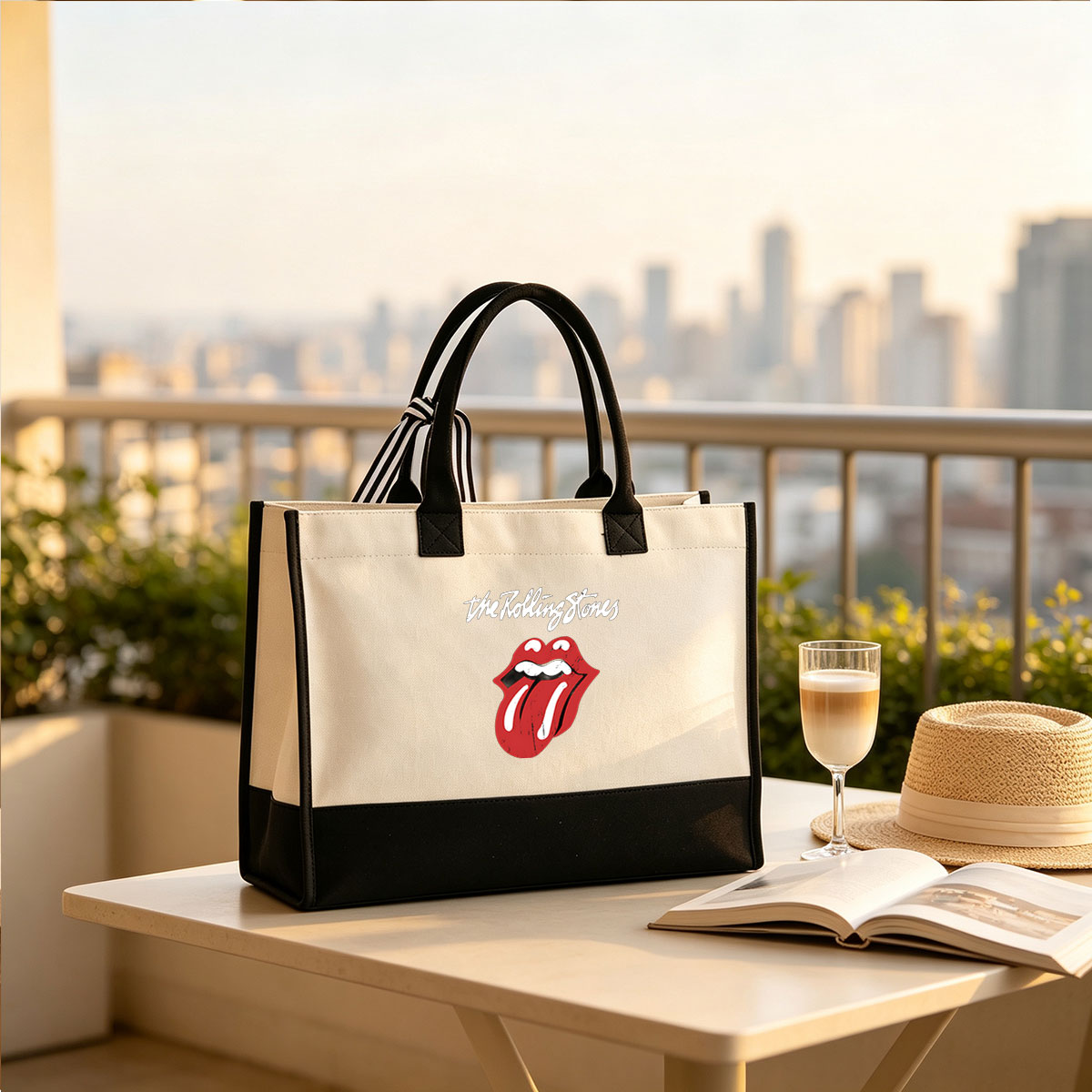 The Rolling Stones - Iconic Lips and Tongue Logo - Canvas patchwork gift tote bag