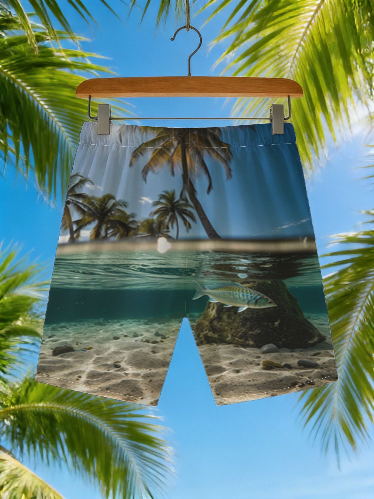 Tropical paradise with palm trees and a fish swimming underwater -  Beach shorts