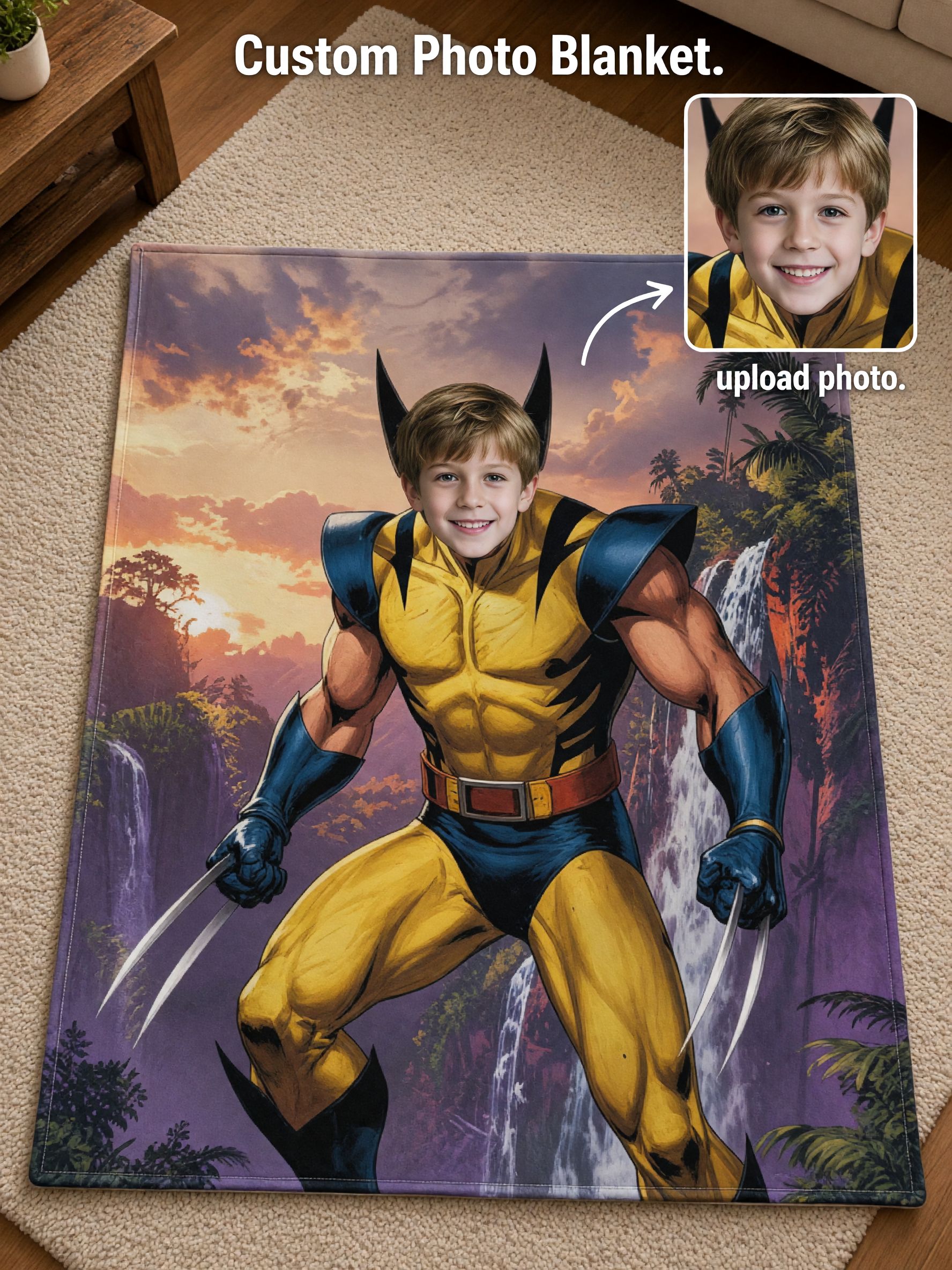 Custom Photo Superhero Flannel Blanket Personalized Face Comic Art Throw for Couch Bed, Cozy Gift
