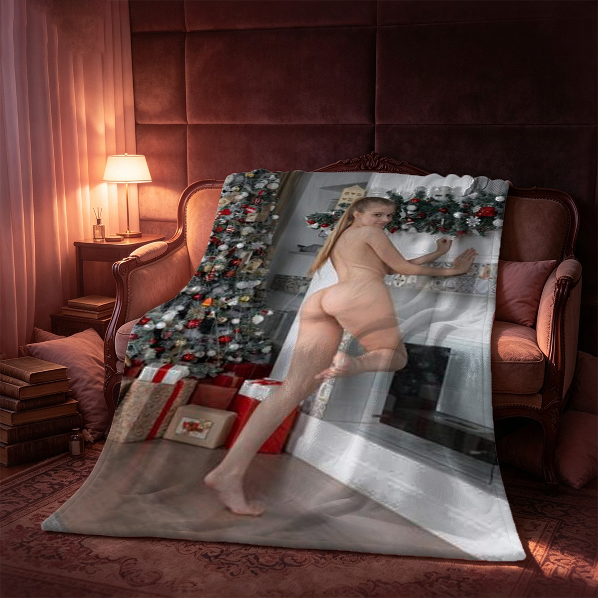 Ahegao Maid with Wine Glass on Sofa - Blanket