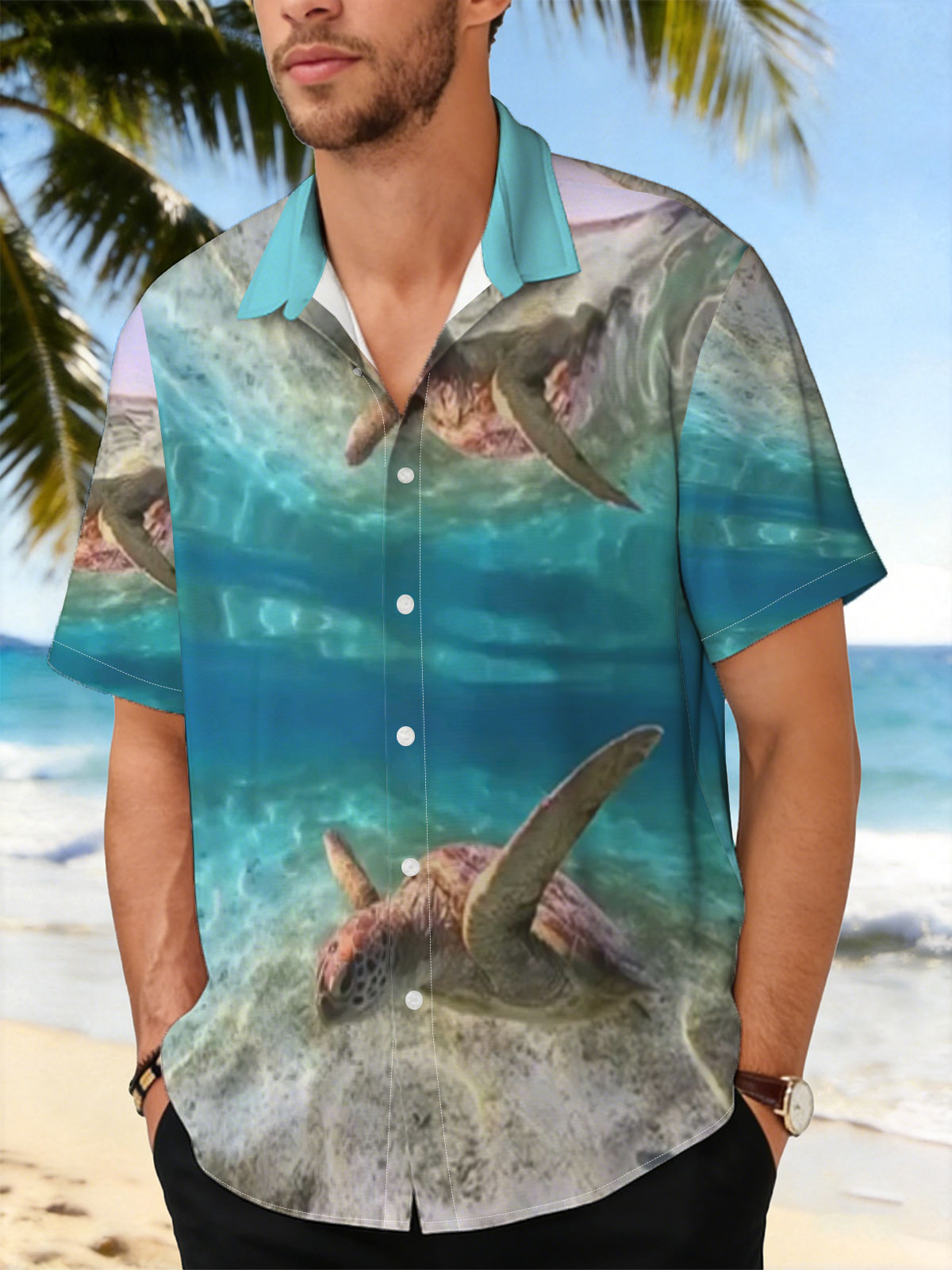 Sea turtles swim gracefully in clear blue waters, one near the surface and one gliding over sandy ocean floor. -  Shirt