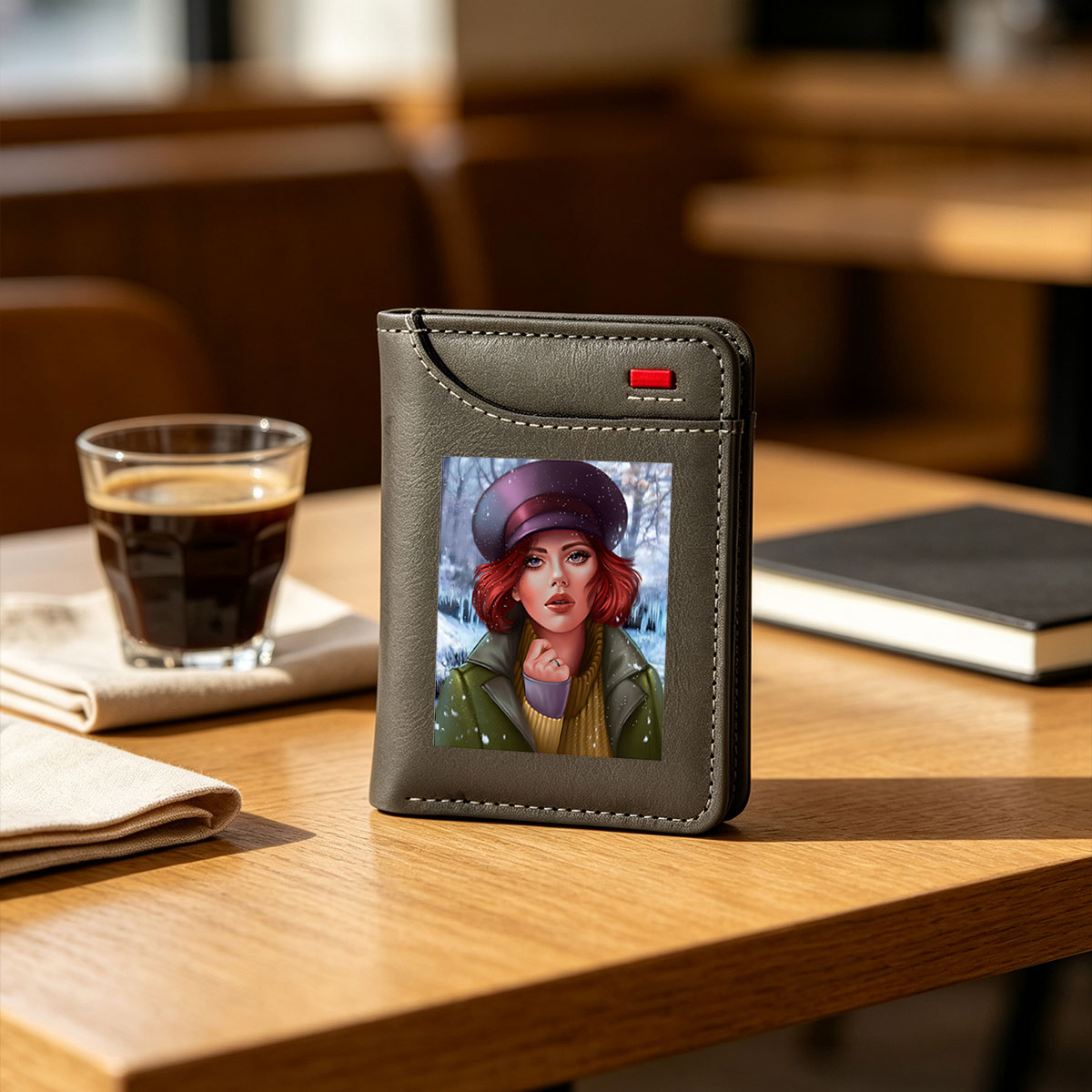 Red-Haired Woman in Winter Hat and Coat, Snowy Forest Background - Vertical Style Wallet