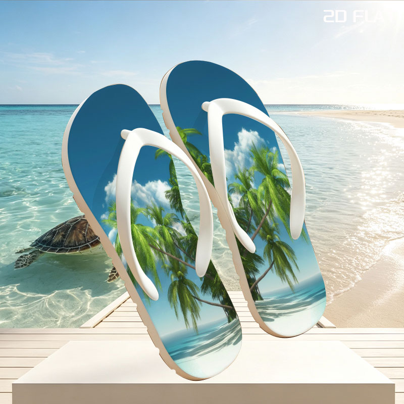 Tropical Beach with Palm Trees and Clear Blue Sky -  flip-flops