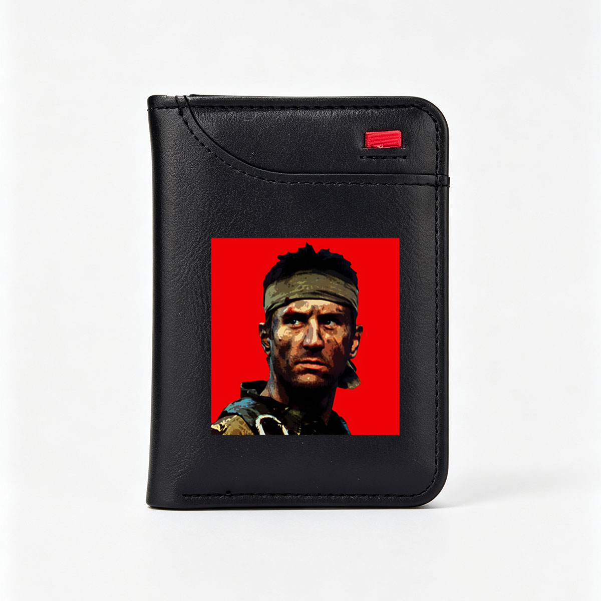 John McClane in Die Hard, intense action hero with headband and rugged look against red background - Vertical Style Wallet