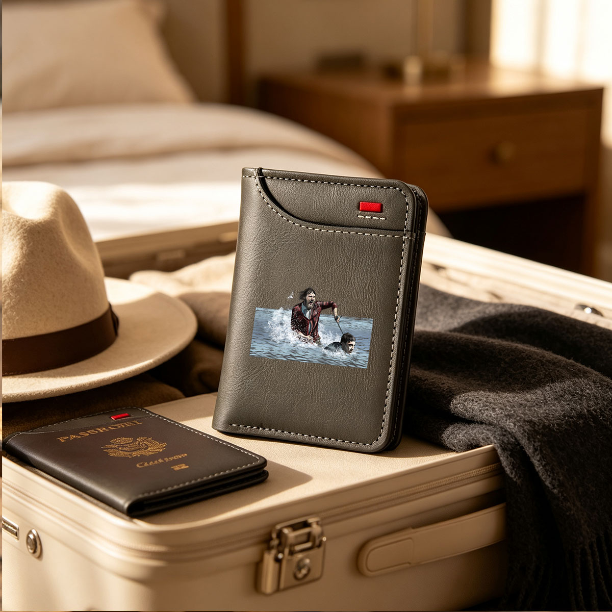 Man in Red Coat Pulls Drowning Man from Water with Stick - Vertical Style Wallet