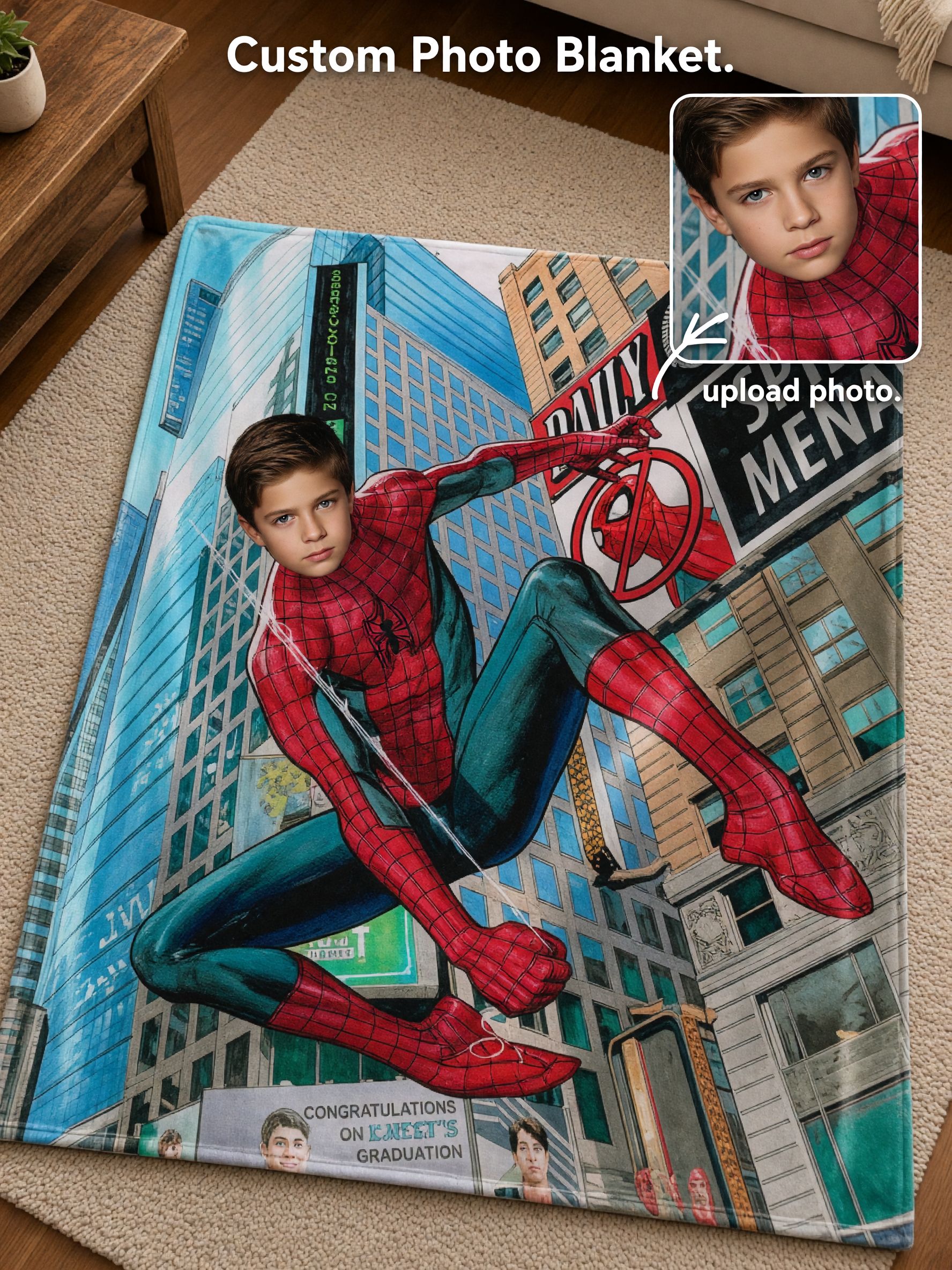 Personalized Superhero Face Photo Blanket Ultra Soft Flannel Fleece Throw Ideal Custom Gift