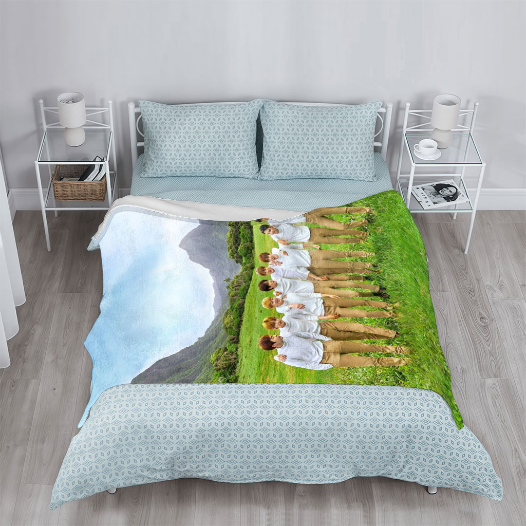 BTS in a Serene Mountain Field Wearing Matching White Shirts and Beige Pants - Blankets